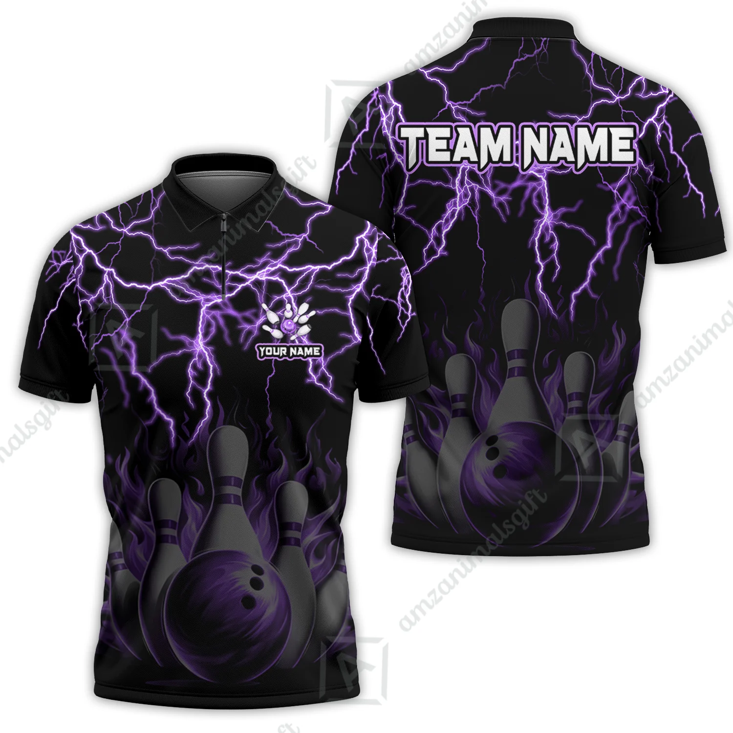 Customized Bowling Polo, Bowling & Pins Flame Thunder Pattern Multicolor Option Customized Name, Team Name Polo Shirt For Bowling Team - Image 16