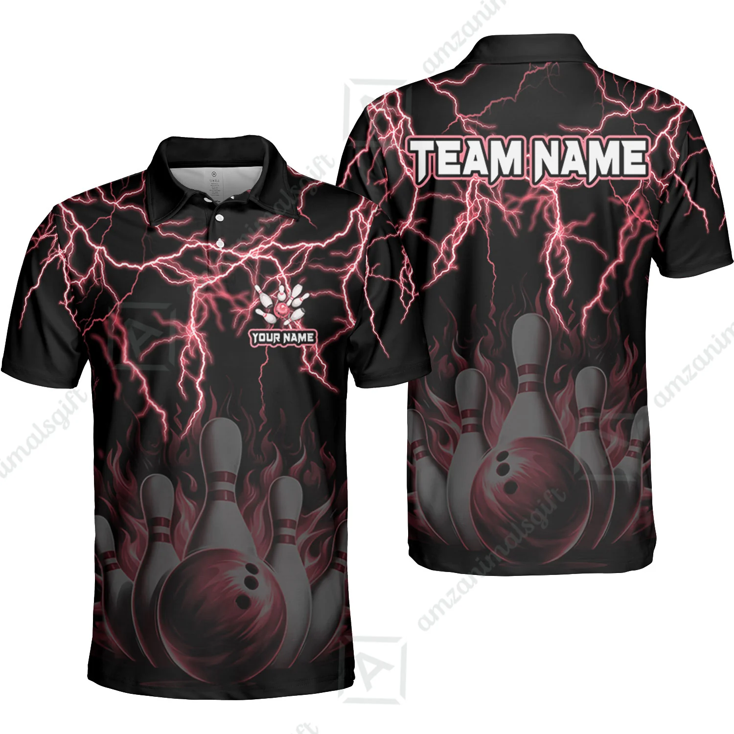 Customized Bowling Polo, Bowling & Pins Flame Thunder Pattern Multicolor Option Customized Name, Team Name Polo Shirt For Bowling Team - Image 17