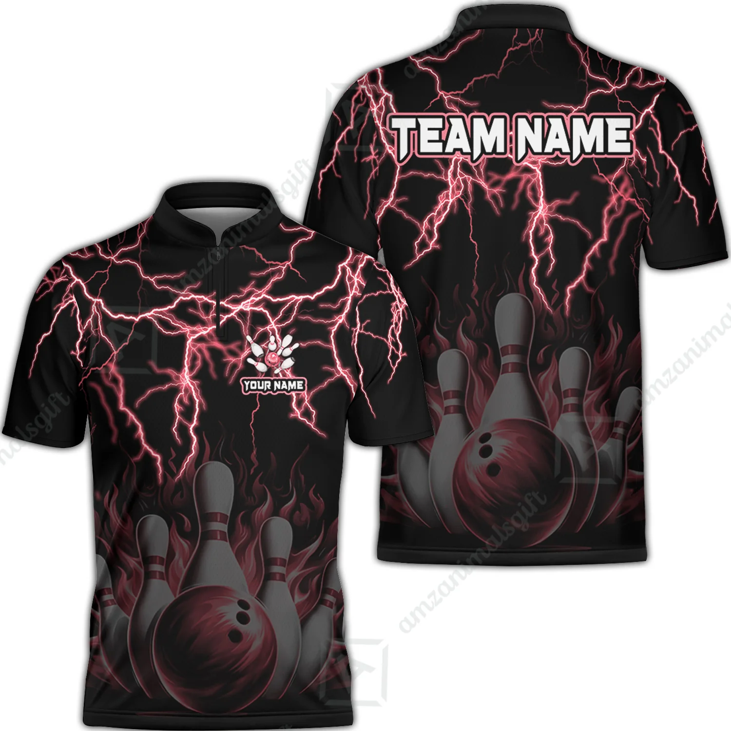 Customized Bowling Polo, Bowling & Pins Flame Thunder Pattern Multicolor Option Customized Name, Team Name Polo Shirt For Bowling Team - Image 18