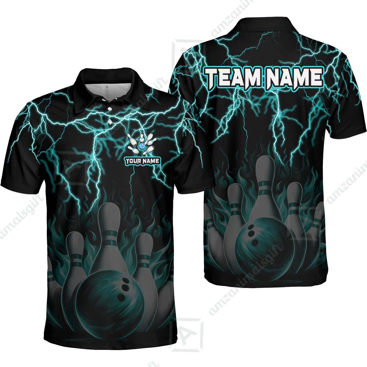 Customized Bowling Polo, Bowling & Pins Flame Thunder Pattern Multicolor Option Customized Name, Team Name Polo Shirt For Bowling Team - Image 2