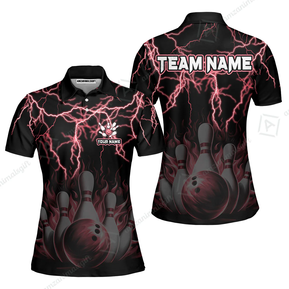 Customized Bowling Polo, Bowling & Pins Flame Thunder Pattern Multicolor Option Customized Name, Team Name Polo Shirt For Bowling Team - Image 20