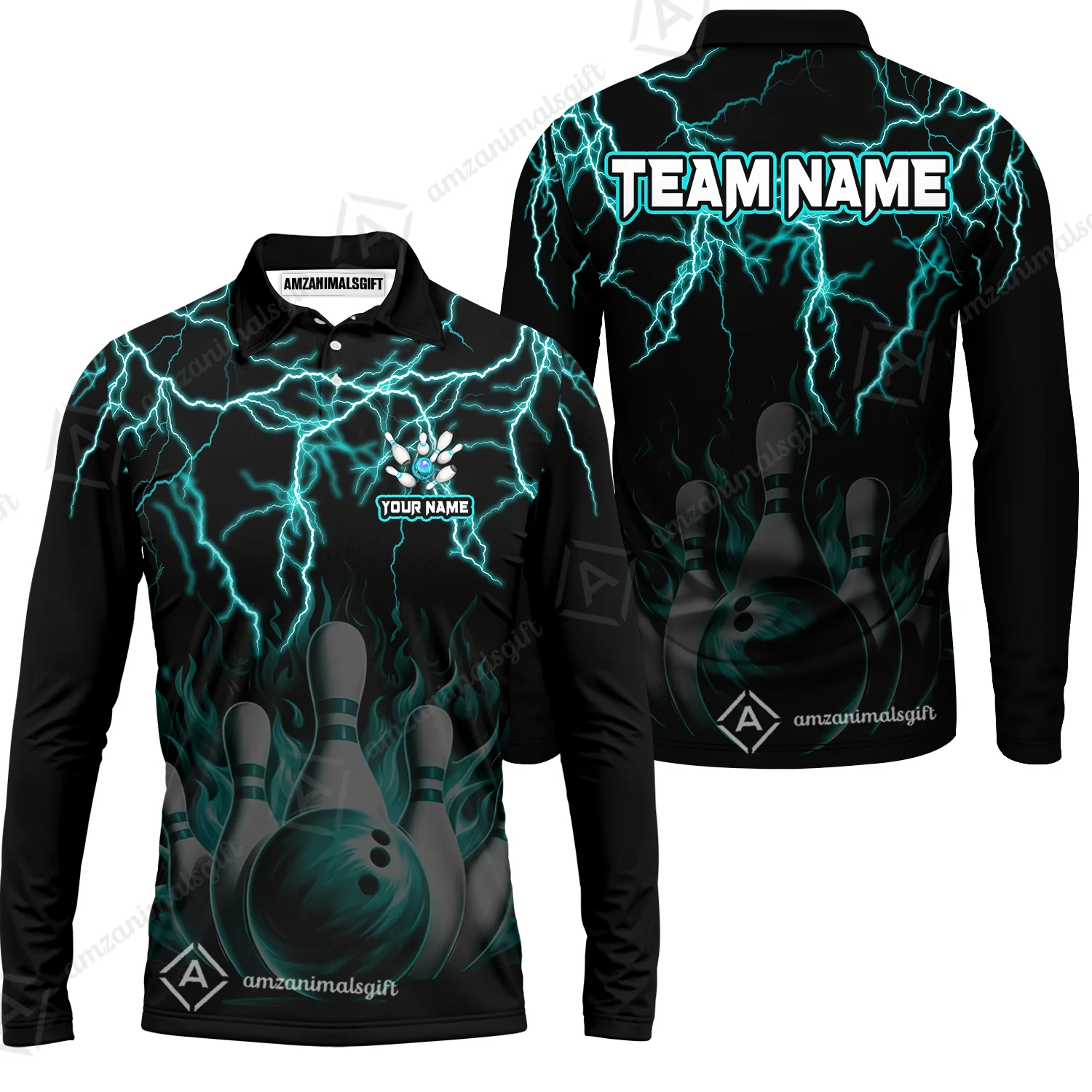 Customized Bowling Polo, Bowling & Pins Flame Thunder Pattern Multicolor Option Customized Name, Team Name Polo Shirt For Bowling Team - Image 26