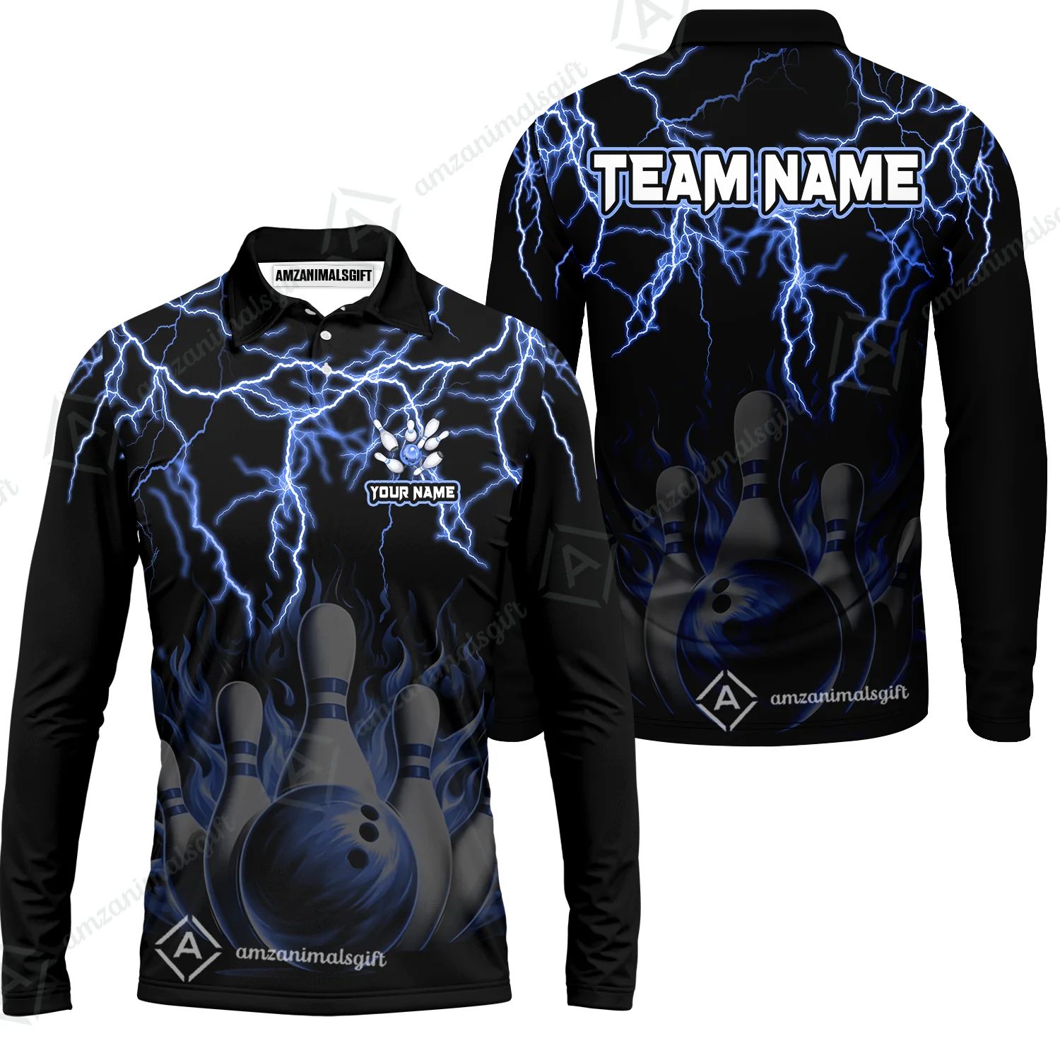 Customized Bowling Polo, Bowling & Pins Flame Thunder Pattern Multicolor Option Customized Name, Team Name Polo Shirt For Bowling Team - Image 27