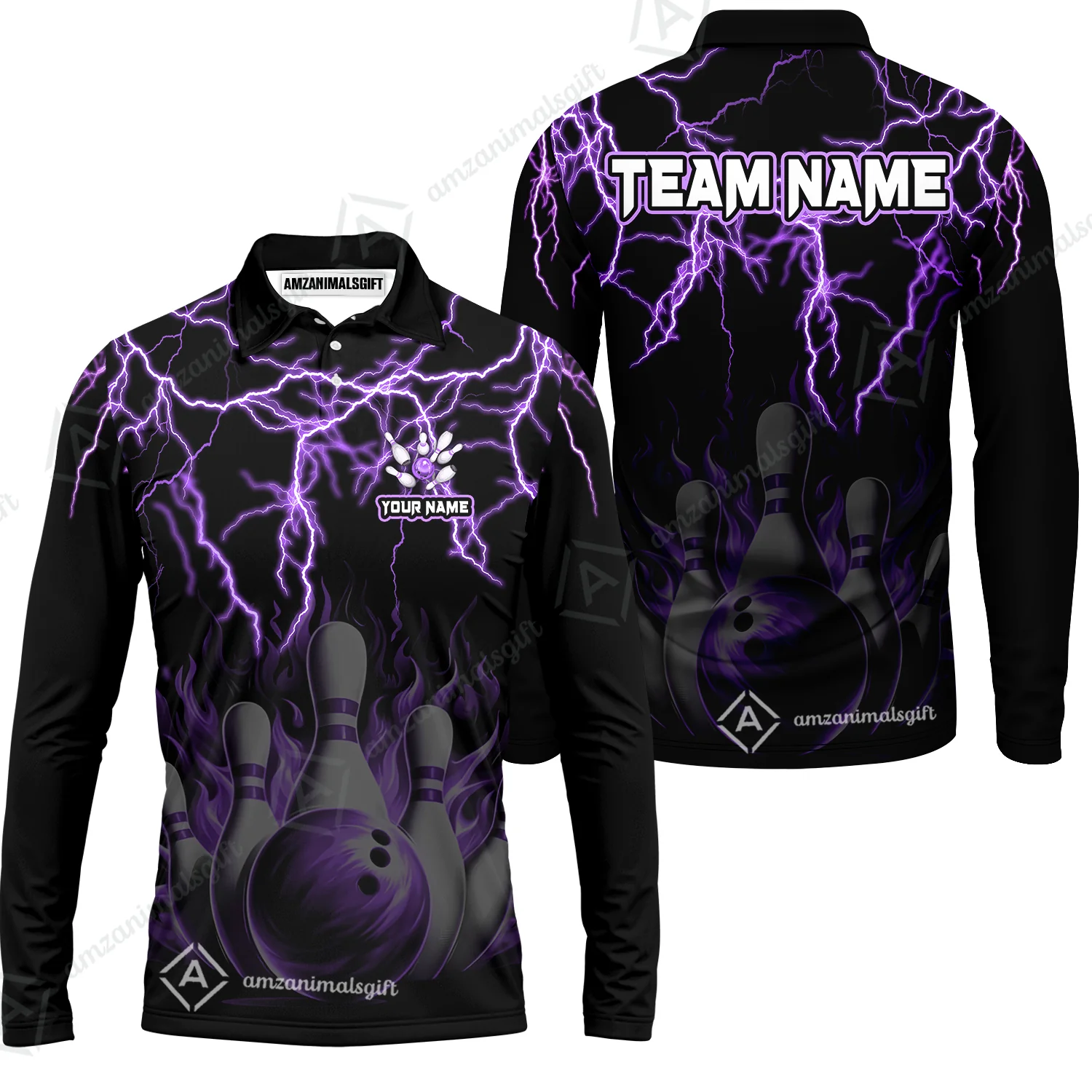 Customized Bowling Polo, Bowling & Pins Flame Thunder Pattern Multicolor Option Customized Name, Team Name Polo Shirt For Bowling Team - Image 28