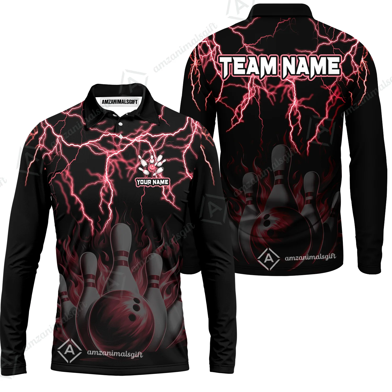 Customized Bowling Polo, Bowling & Pins Flame Thunder Pattern Multicolor Option Customized Name, Team Name Polo Shirt For Bowling Team - Image 29