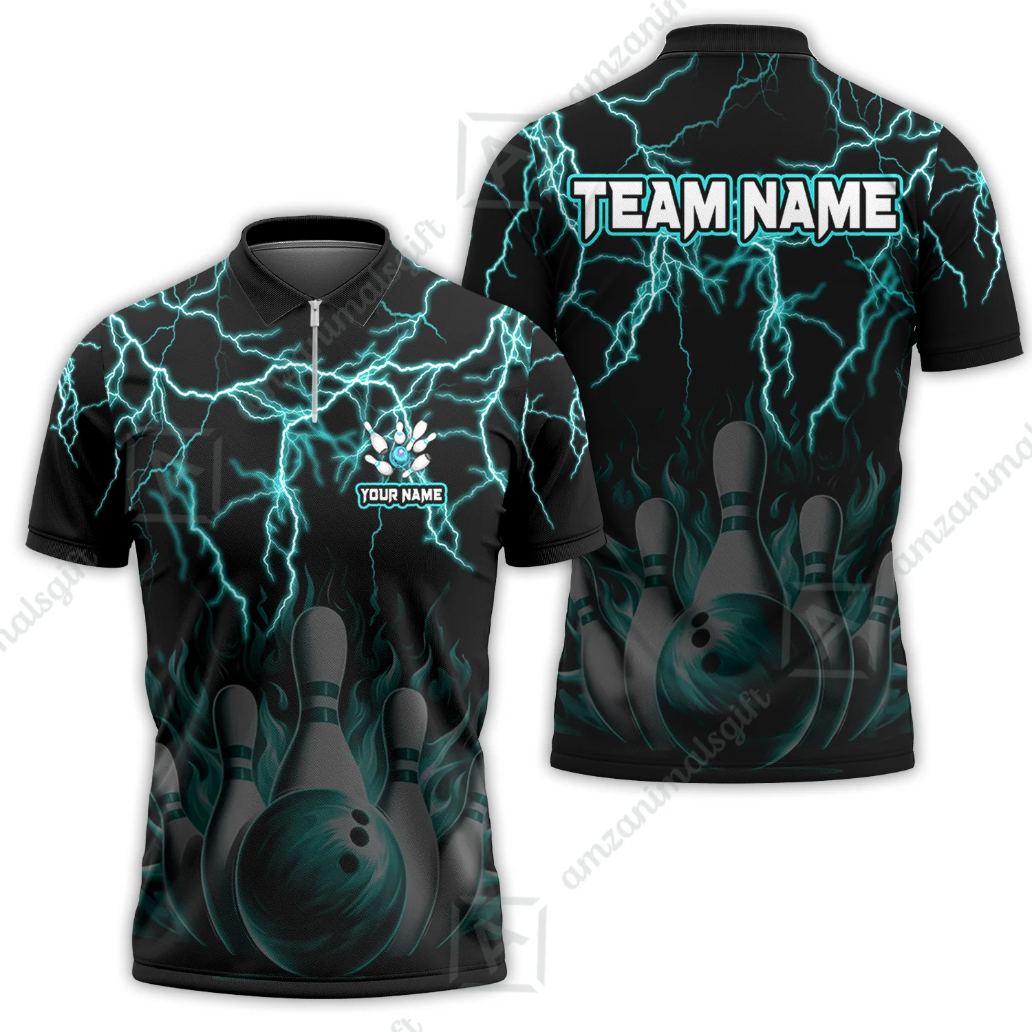 Customized Bowling Polo, Bowling & Pins Flame Thunder Pattern Multicolor Option Customized Name, Team Name Polo Shirt For Bowling Team - Image 3