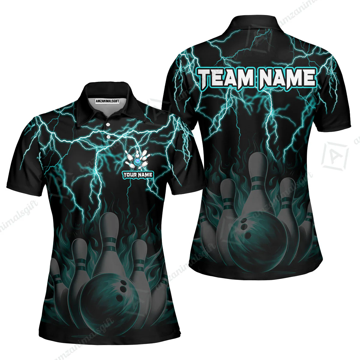 Customized Bowling Polo, Bowling & Pins Flame Thunder Pattern Multicolor Option Customized Name, Team Name Polo Shirt For Bowling Team - Image 4