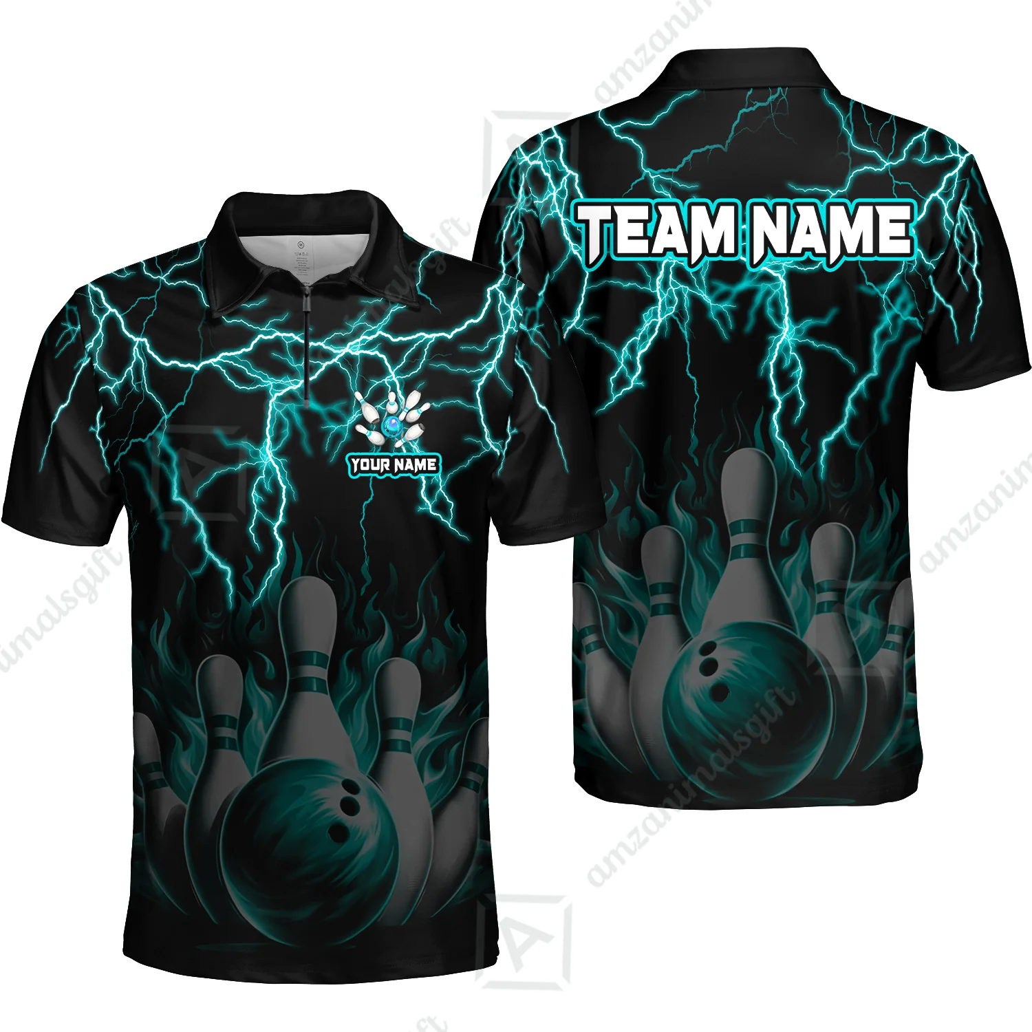Customized Bowling Polo, Bowling & Pins Flame Thunder Pattern Multicolor Option Customized Name, Team Name Polo Shirt For Bowling Team - Image 46