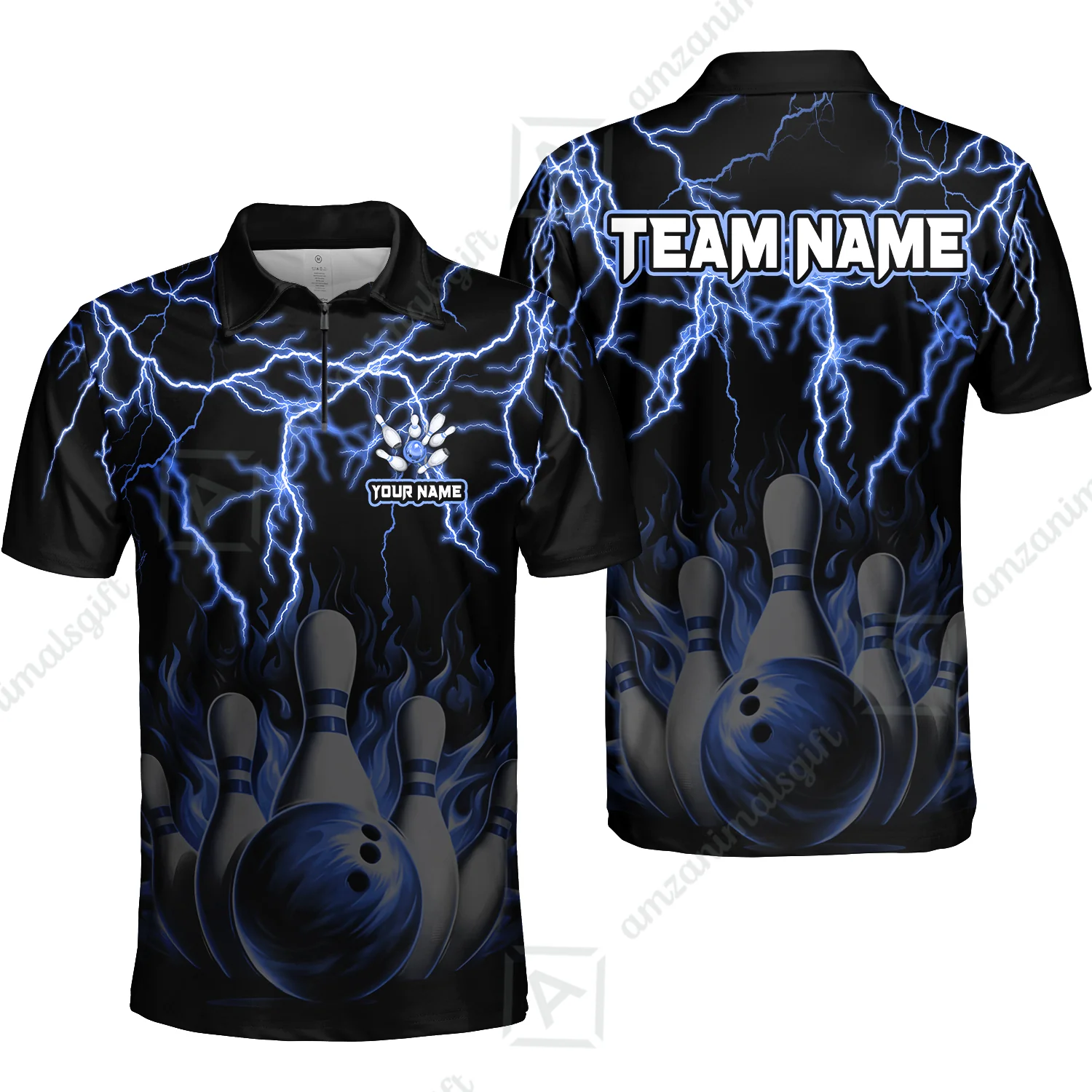 Customized Bowling Polo, Bowling & Pins Flame Thunder Pattern Multicolor Option Customized Name, Team Name Polo Shirt For Bowling Team - Image 47
