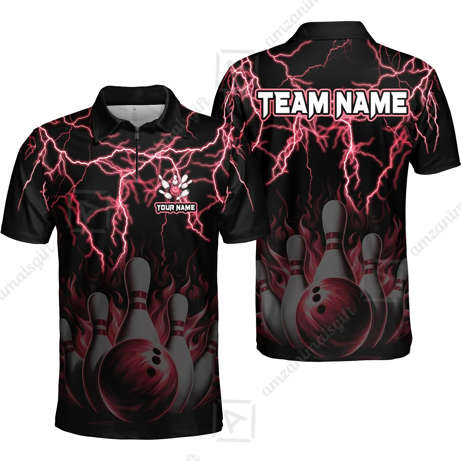 Customized Bowling Polo, Bowling & Pins Flame Thunder Pattern Multicolor Option Customized Name, Team Name Polo Shirt For Bowling Team - Image 49