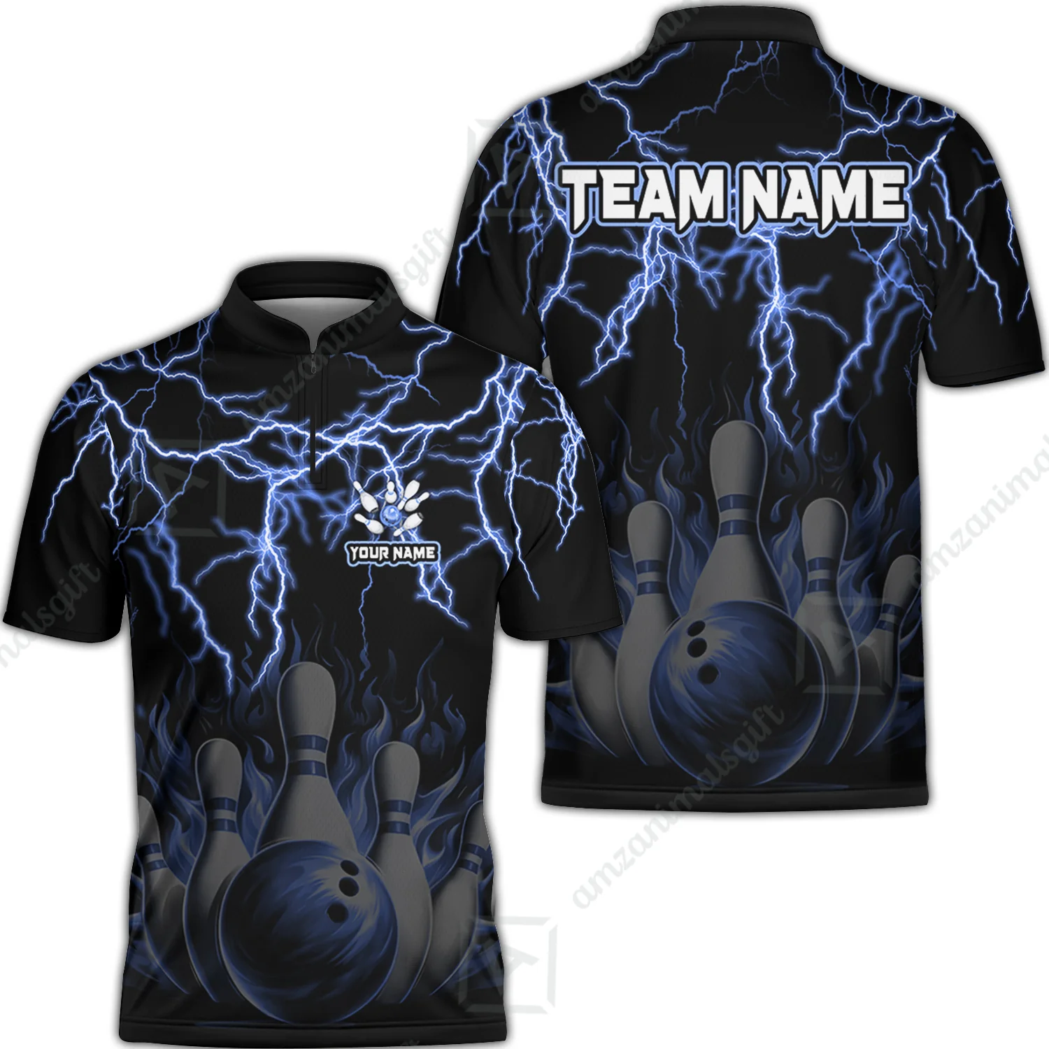 Customized Bowling Polo, Bowling & Pins Flame Thunder Pattern Multicolor Option Customized Name, Team Name Polo Shirt For Bowling Team - Image 8