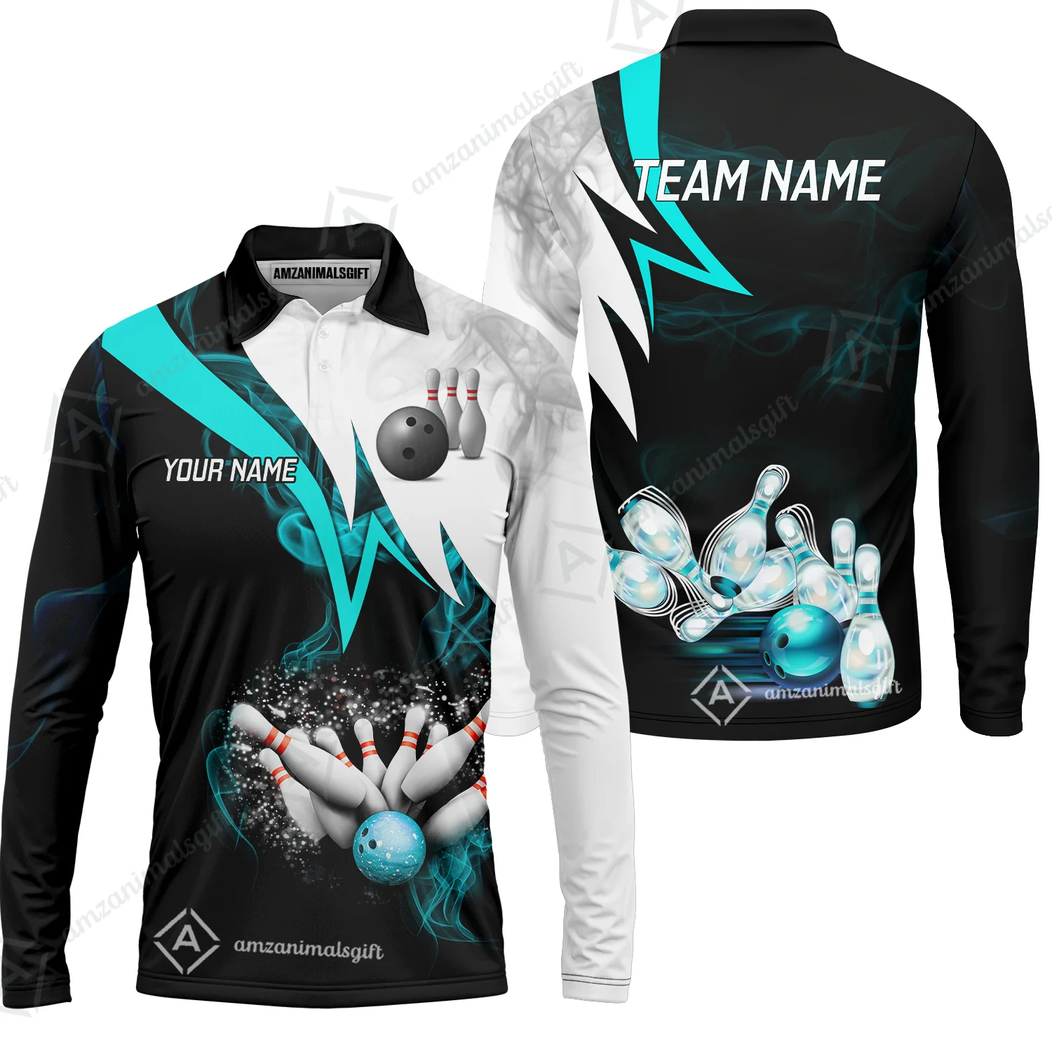 Customized Bowling Polo, Cyan Smoke Pattern Bowling And Pins Premium Customized Name And Team Name Jerseys Polo Shirts - Image 10