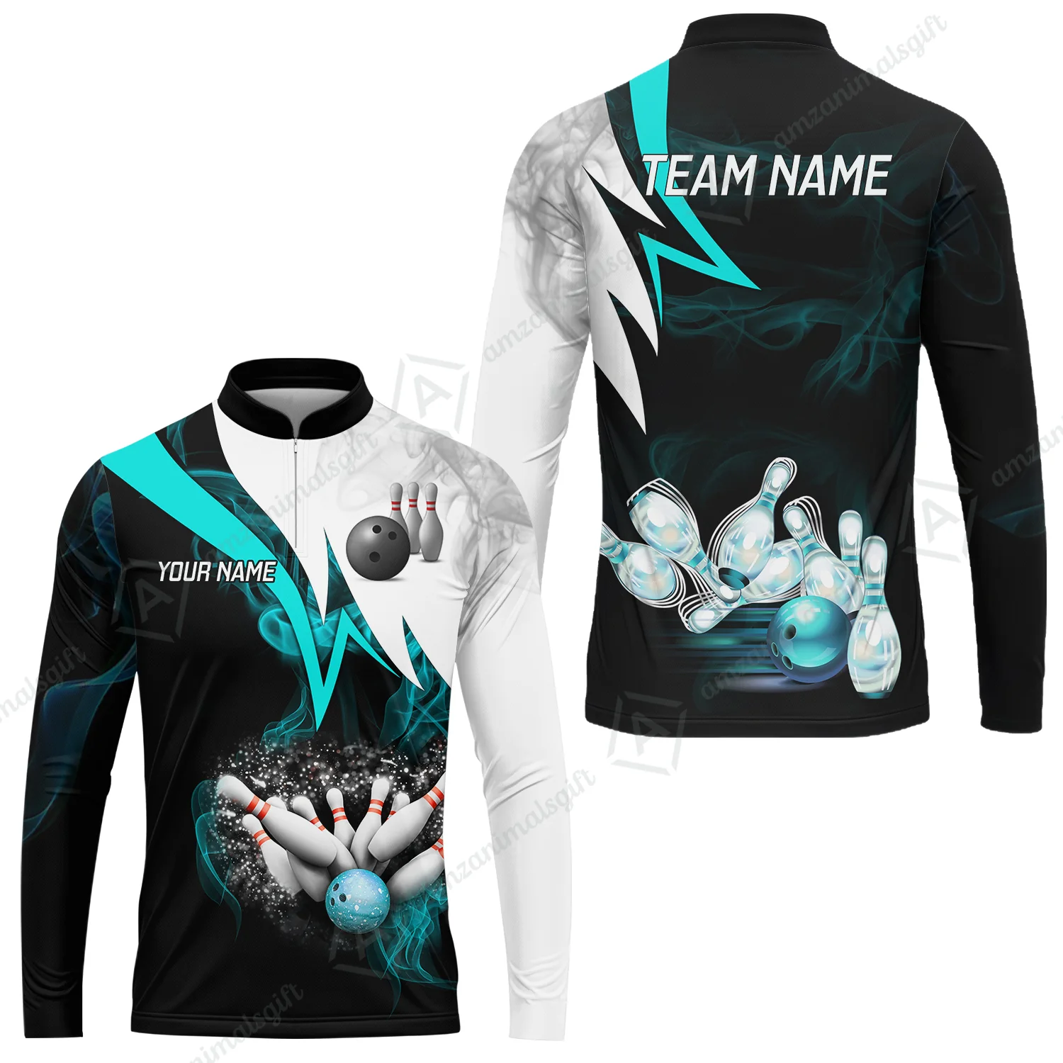 Customized Bowling Polo, Cyan Smoke Pattern Bowling And Pins Premium Customized Name And Team Name Jerseys Polo Shirts - Image 11