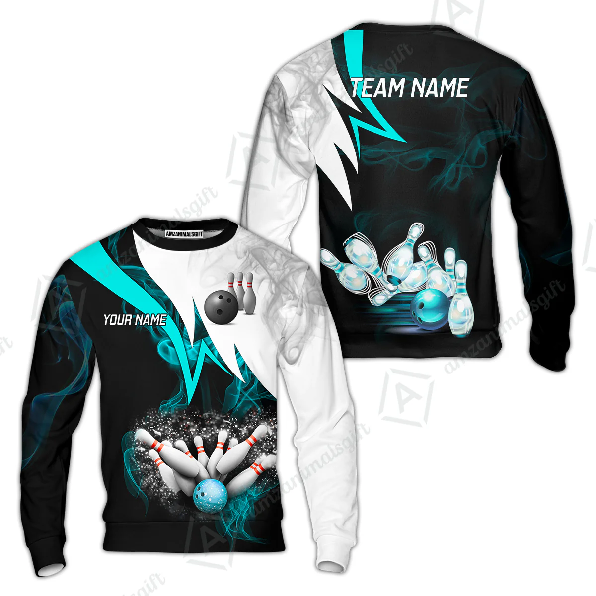 Customized Bowling Polo, Cyan Smoke Pattern Bowling And Pins Premium Customized Name And Team Name Jerseys Polo Shirts - Image 12
