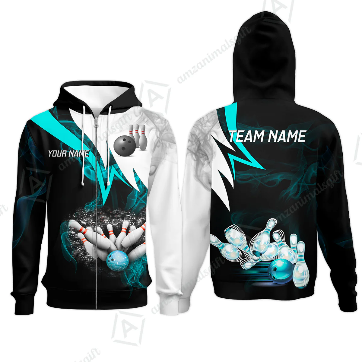 Customized Bowling Polo, Cyan Smoke Pattern Bowling And Pins Premium Customized Name And Team Name Jerseys Polo Shirts - Image 14