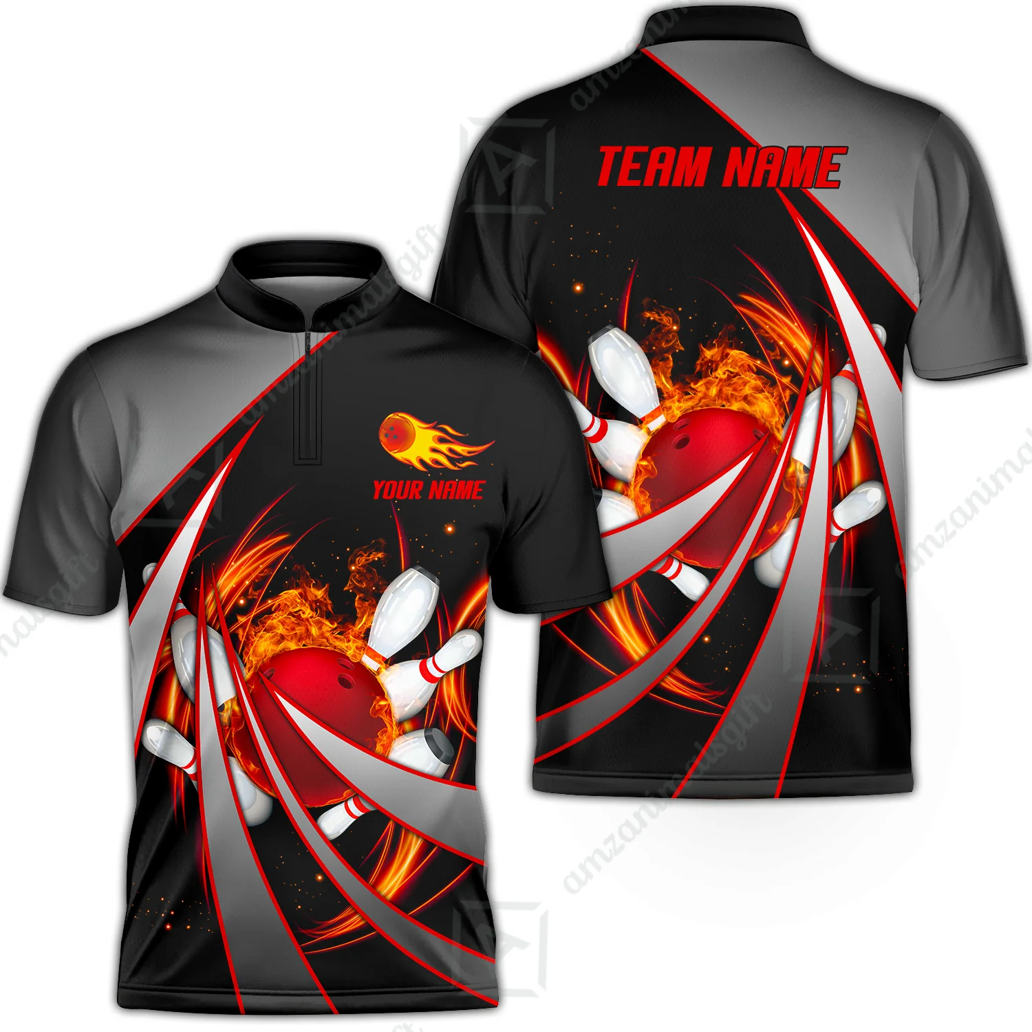 Customized Bowling Unisex Polo, Flame Bowling And Pins Tornado Pattern Multicolor Option Customized Name Zipper Polo Jerseys Shirts - Image 11