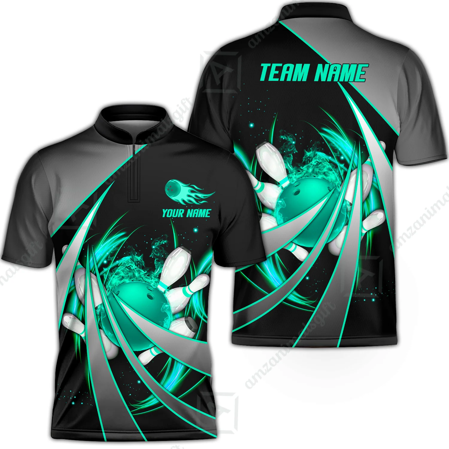 Customized Bowling Unisex Polo, Flame Bowling And Pins Tornado Pattern Multicolor Option Customized Name Zipper Polo Jerseys Shirts - Image 12