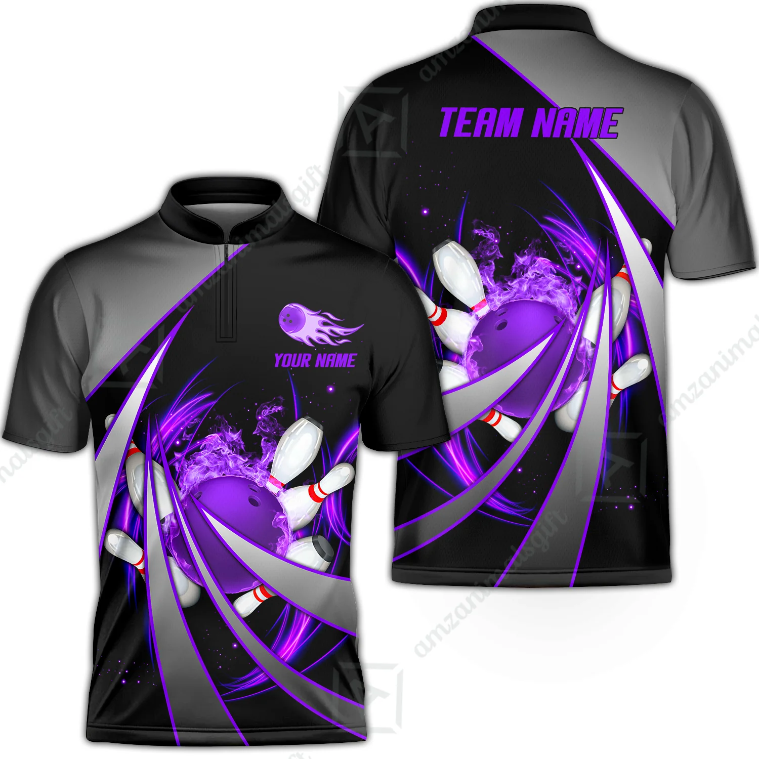 Customized Bowling Unisex Polo, Flame Bowling And Pins Tornado Pattern Multicolor Option Customized Name Zipper Polo Jerseys Shirts - Image 13