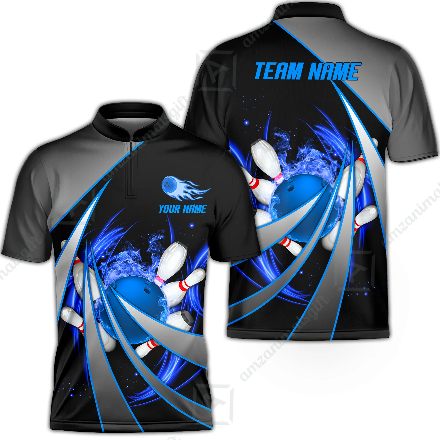 Customized Bowling Unisex Polo, Flame Bowling And Pins Tornado Pattern Multicolor Option Customized Name Zipper Polo Jerseys Shirts - Image 14