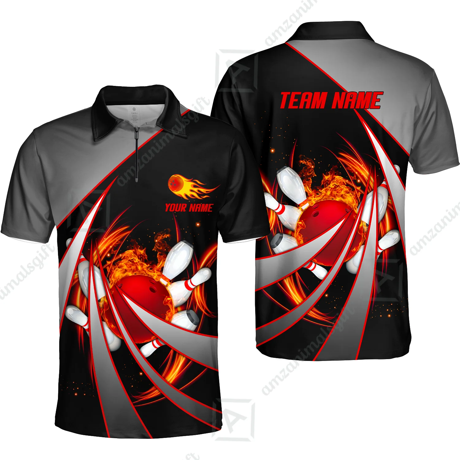 Customized Bowling Unisex Polo, Flame Bowling And Pins Tornado Pattern Multicolor Option Customized Name Zipper Polo Jerseys Shirts - Image 15