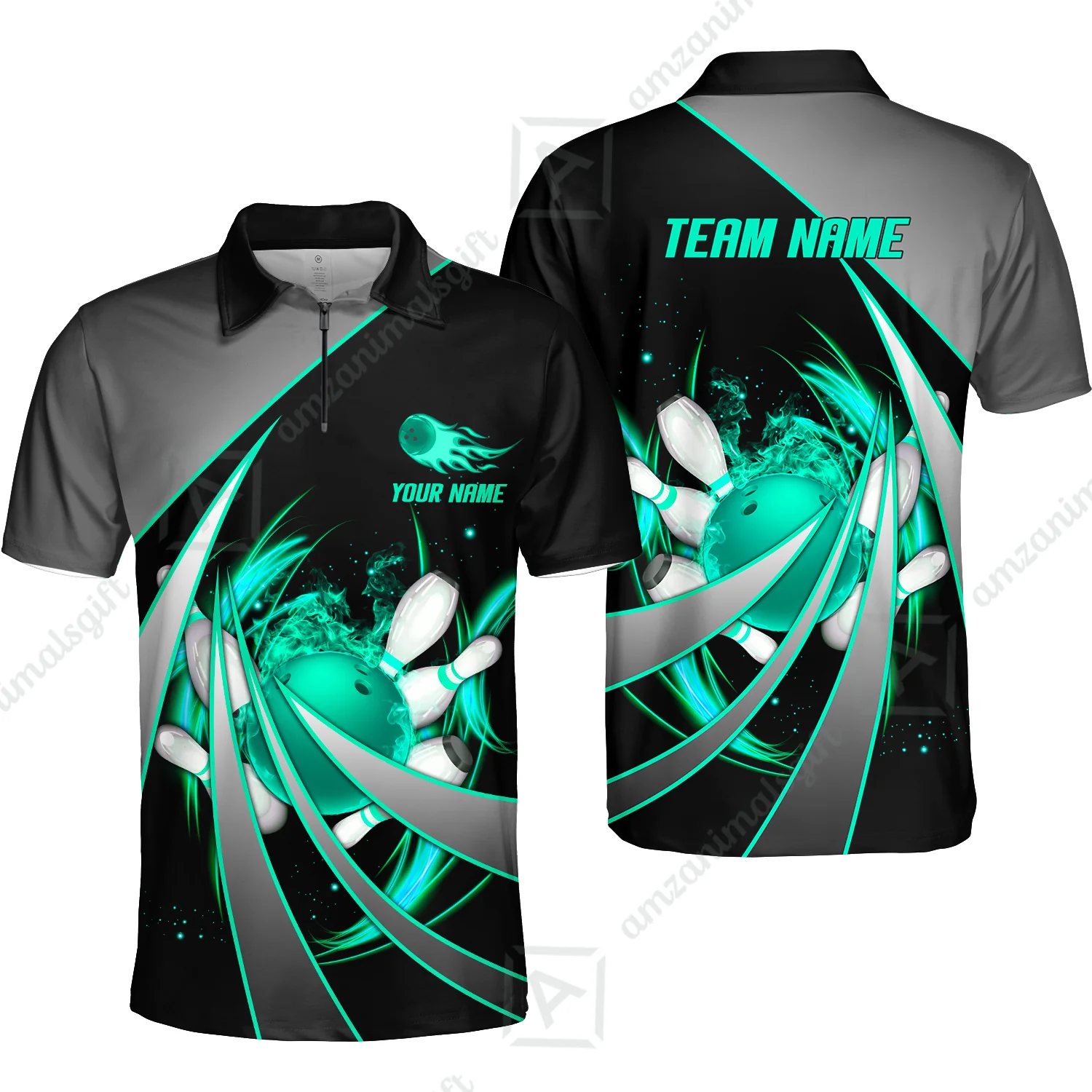 Customized Bowling Unisex Polo, Flame Bowling And Pins Tornado Pattern Multicolor Option Customized Name Zipper Polo Jerseys Shirts - Image 16