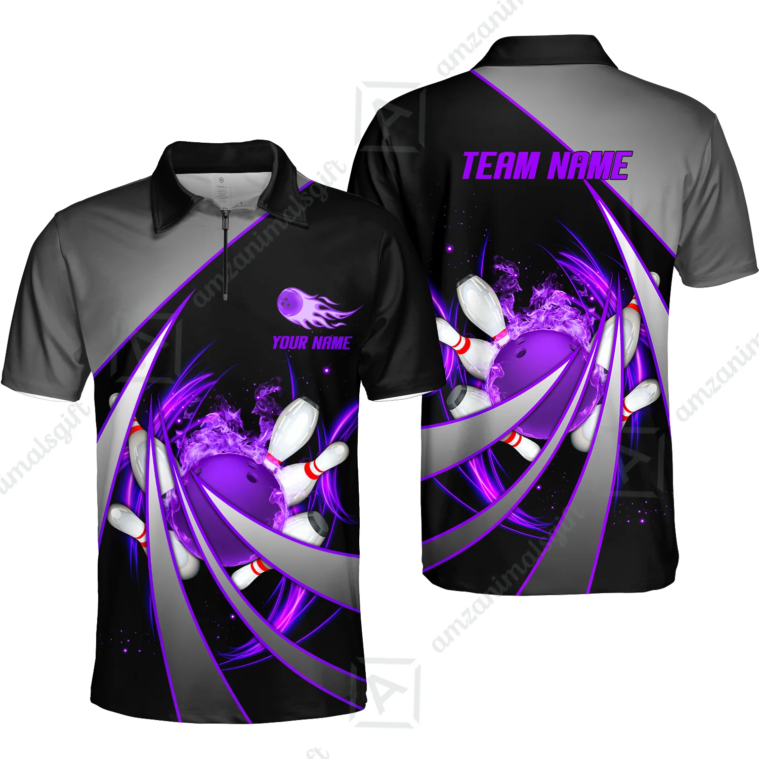 Customized Bowling Unisex Polo, Flame Bowling And Pins Tornado Pattern Multicolor Option Customized Name Zipper Polo Jerseys Shirts - Image 17