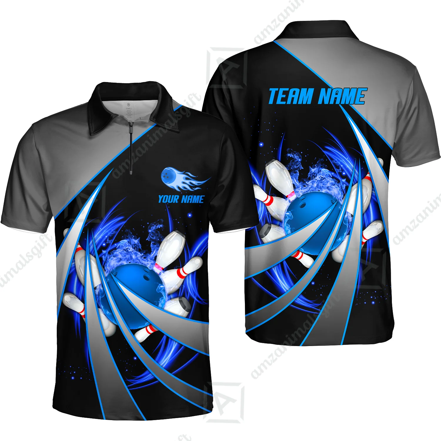 Customized Bowling Unisex Polo, Flame Bowling And Pins Tornado Pattern Multicolor Option Customized Name Zipper Polo Jerseys Shirts - Image 18