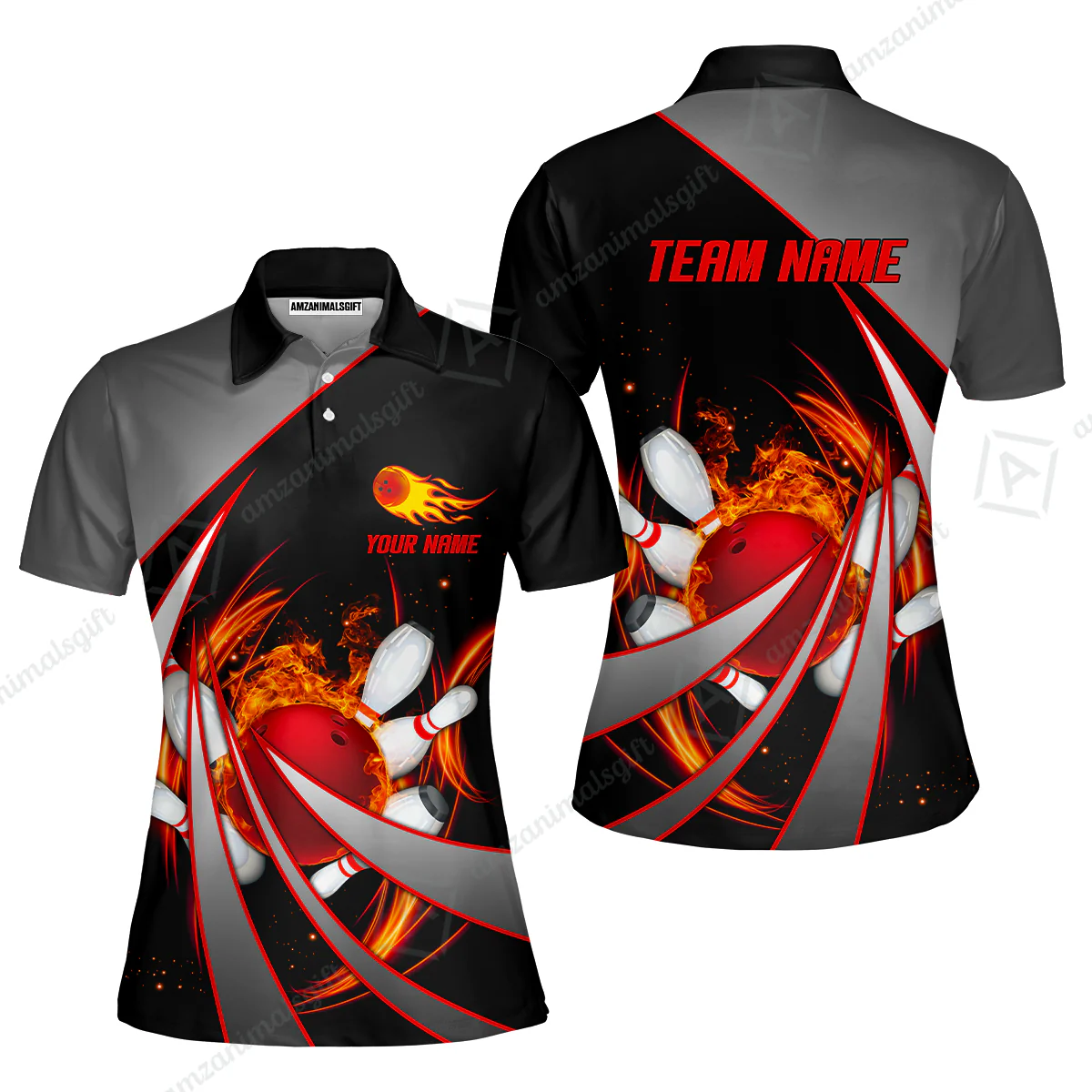 Customized Bowling Unisex Polo, Flame Bowling And Pins Tornado Pattern Multicolor Option Customized Name Zipper Polo Jerseys Shirts - Image 19