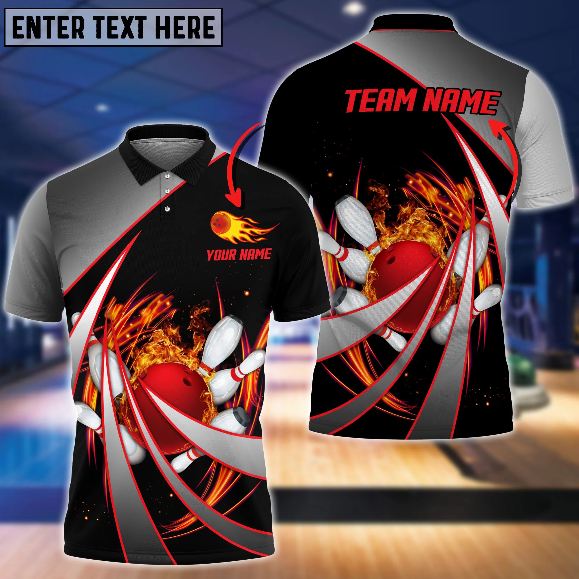 Customized Bowling Unisex Polo, Flame Bowling And Pins Tornado Pattern Multicolor Option Customized Name Zipper Polo Jerseys Shirts - Image 2