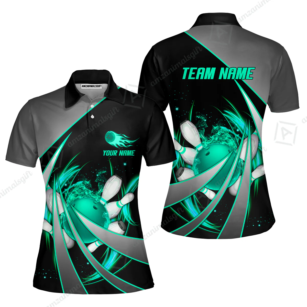 Customized Bowling Unisex Polo, Flame Bowling And Pins Tornado Pattern Multicolor Option Customized Name Zipper Polo Jerseys Shirts - Image 20