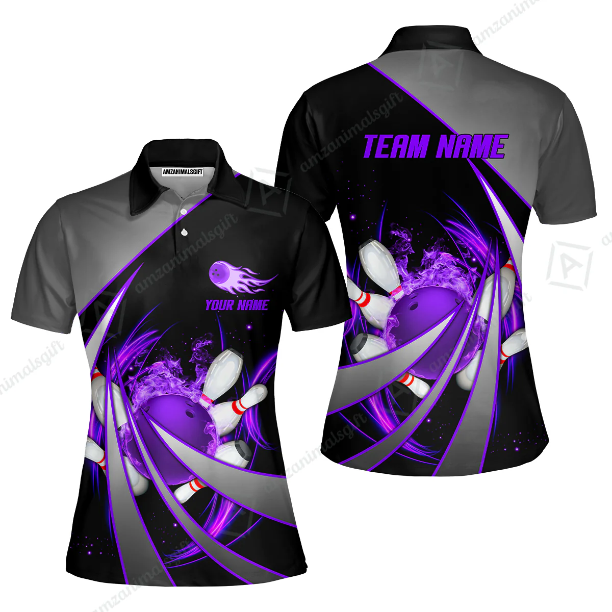 Customized Bowling Unisex Polo, Flame Bowling And Pins Tornado Pattern Multicolor Option Customized Name Zipper Polo Jerseys Shirts - Image 21