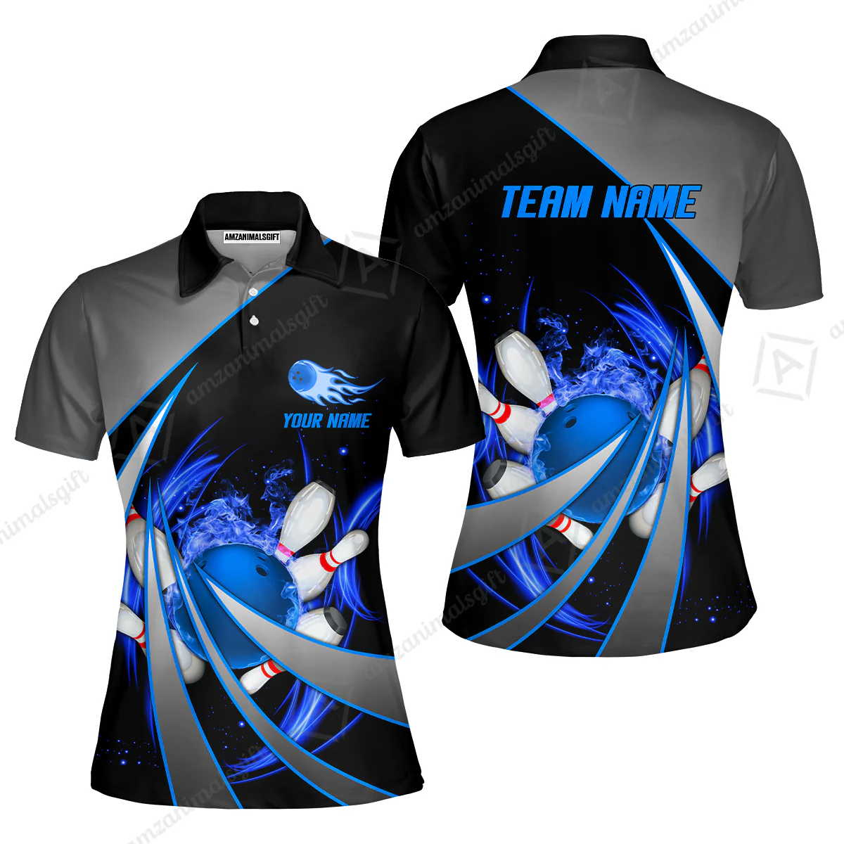 Customized Bowling Unisex Polo, Flame Bowling And Pins Tornado Pattern Multicolor Option Customized Name Zipper Polo Jerseys Shirts - Image 22
