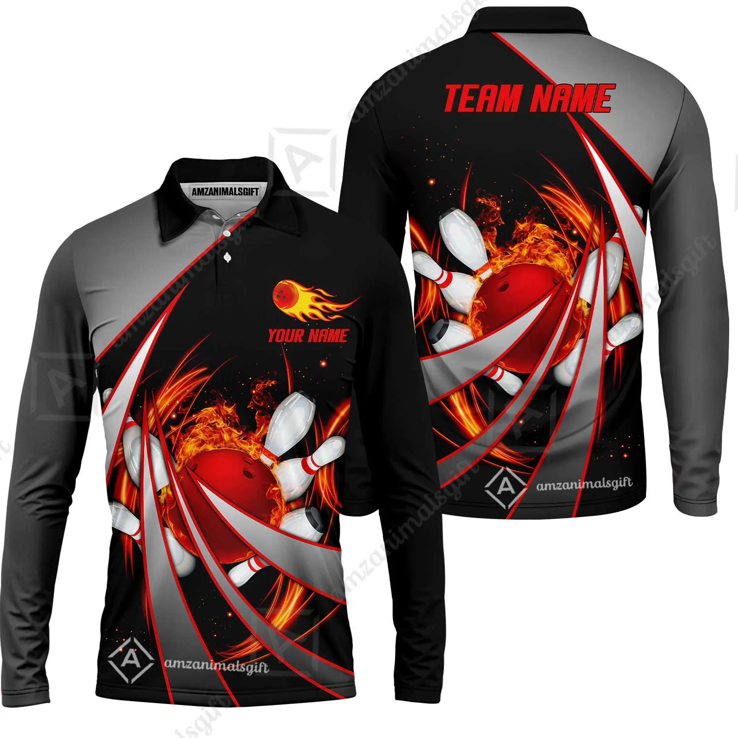 Customized Bowling Unisex Polo, Flame Bowling And Pins Tornado Pattern Multicolor Option Customized Name Zipper Polo Jerseys Shirts - Image 31
