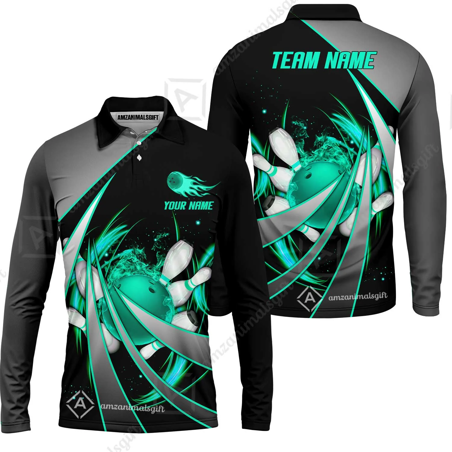 Customized Bowling Unisex Polo, Flame Bowling And Pins Tornado Pattern Multicolor Option Customized Name Zipper Polo Jerseys Shirts - Image 32