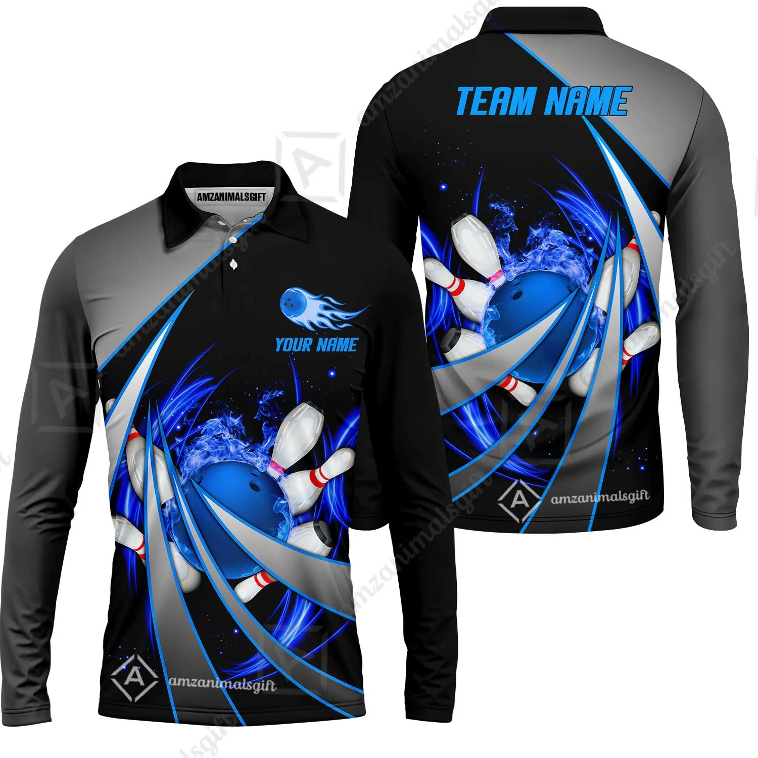 Customized Bowling Unisex Polo, Flame Bowling And Pins Tornado Pattern Multicolor Option Customized Name Zipper Polo Jerseys Shirts - Image 34