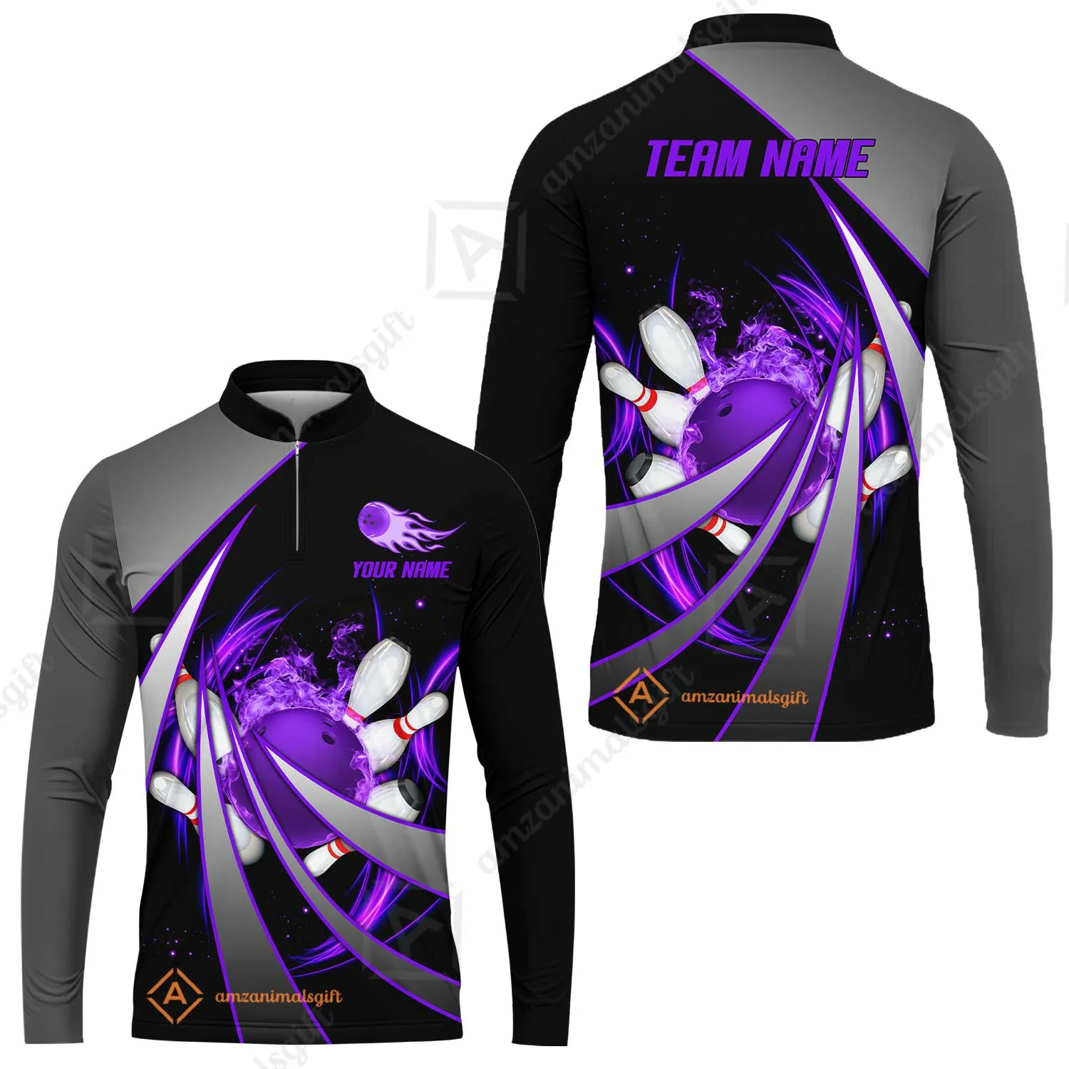 Customized Bowling Unisex Polo, Flame Bowling And Pins Tornado Pattern Multicolor Option Customized Name Zipper Polo Jerseys Shirts - Image 37