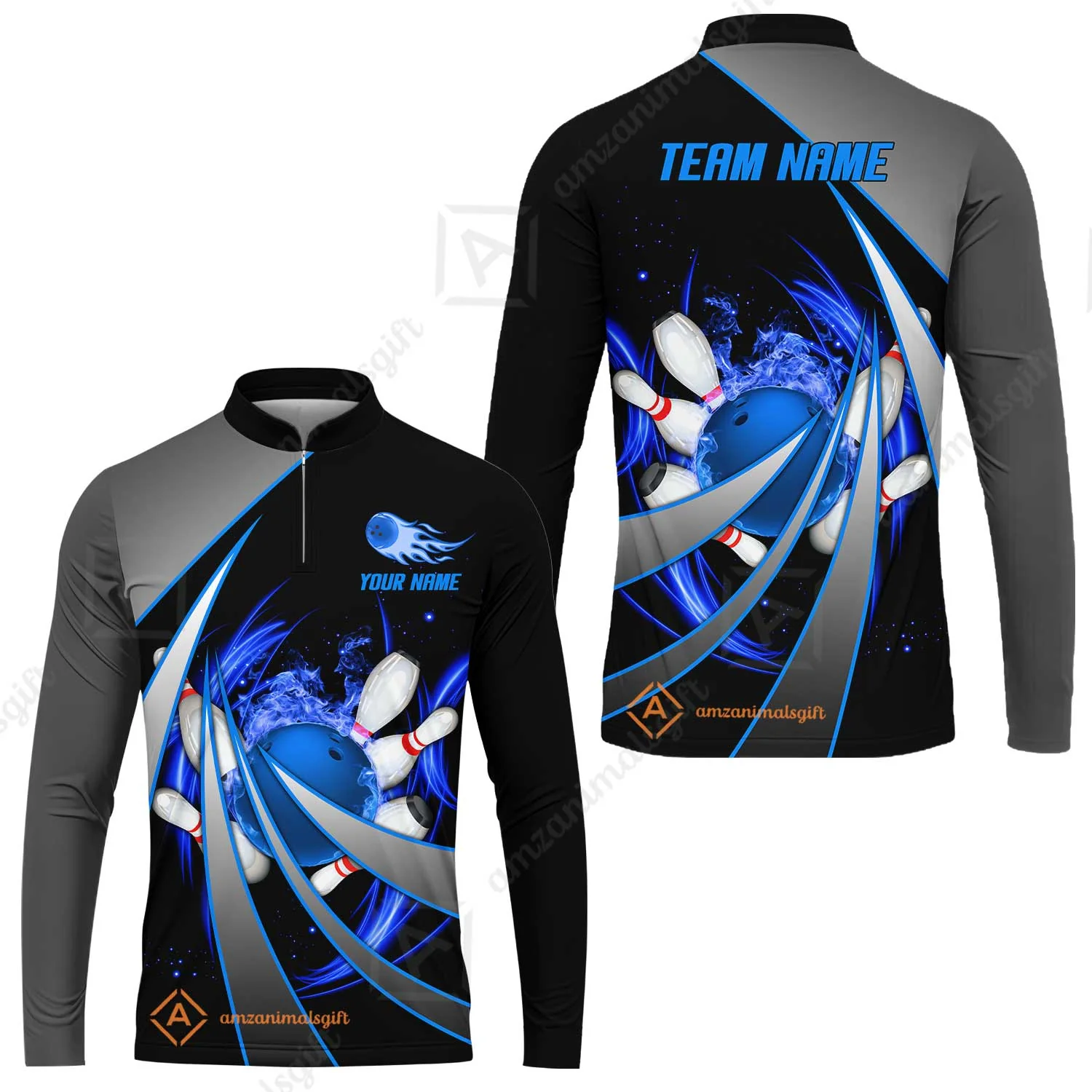 Customized Bowling Unisex Polo, Flame Bowling And Pins Tornado Pattern Multicolor Option Customized Name Zipper Polo Jerseys Shirts - Image 38