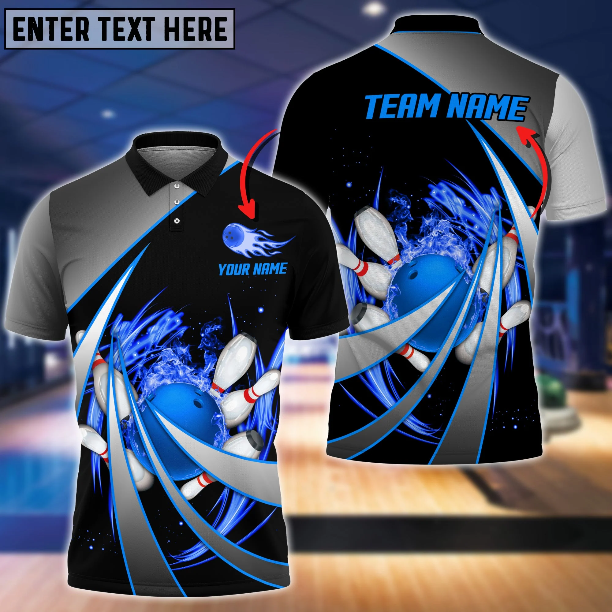 Customized Bowling Unisex Polo, Flame Bowling And Pins Tornado Pattern Multicolor Option Customized Name Zipper Polo Jerseys Shirts - Image 5