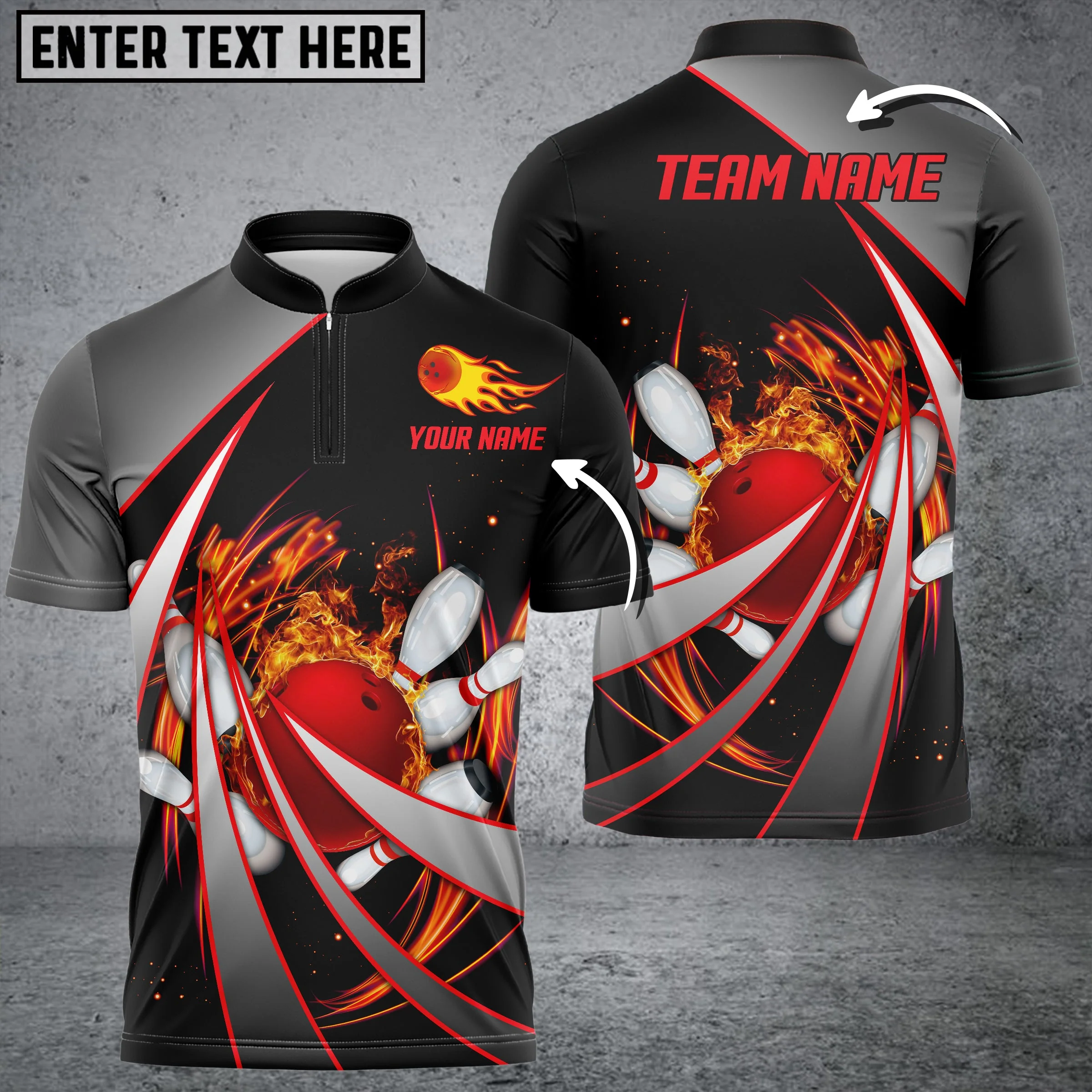 Customized Bowling Unisex Polo, Flame Bowling And Pins Tornado Pattern Multicolor Option Customized Name Zipper Polo Jerseys Shirts - Image 7