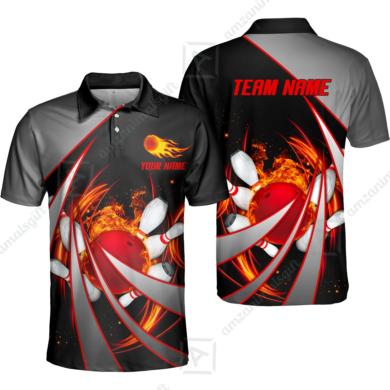 Customized Bowling Unisex Polo, Flame Bowling And Pins Tornado Pattern Multicolor Option Customized Name Zipper Polo Jerseys Shirts - Image 8