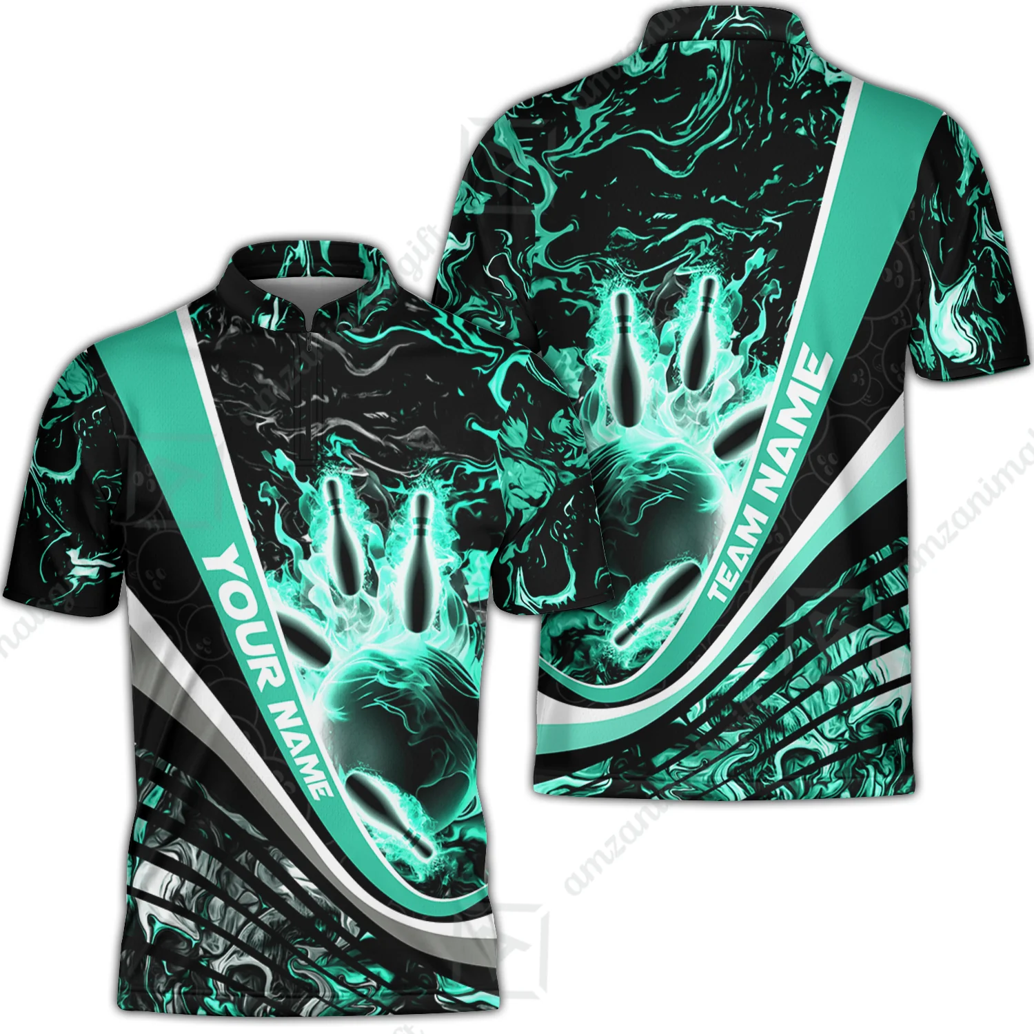 Customized Bowling Polo, Flaming Magma Bowling And Pins Multicolor Option Customized Name Team Name For Bowling Team Shirts
