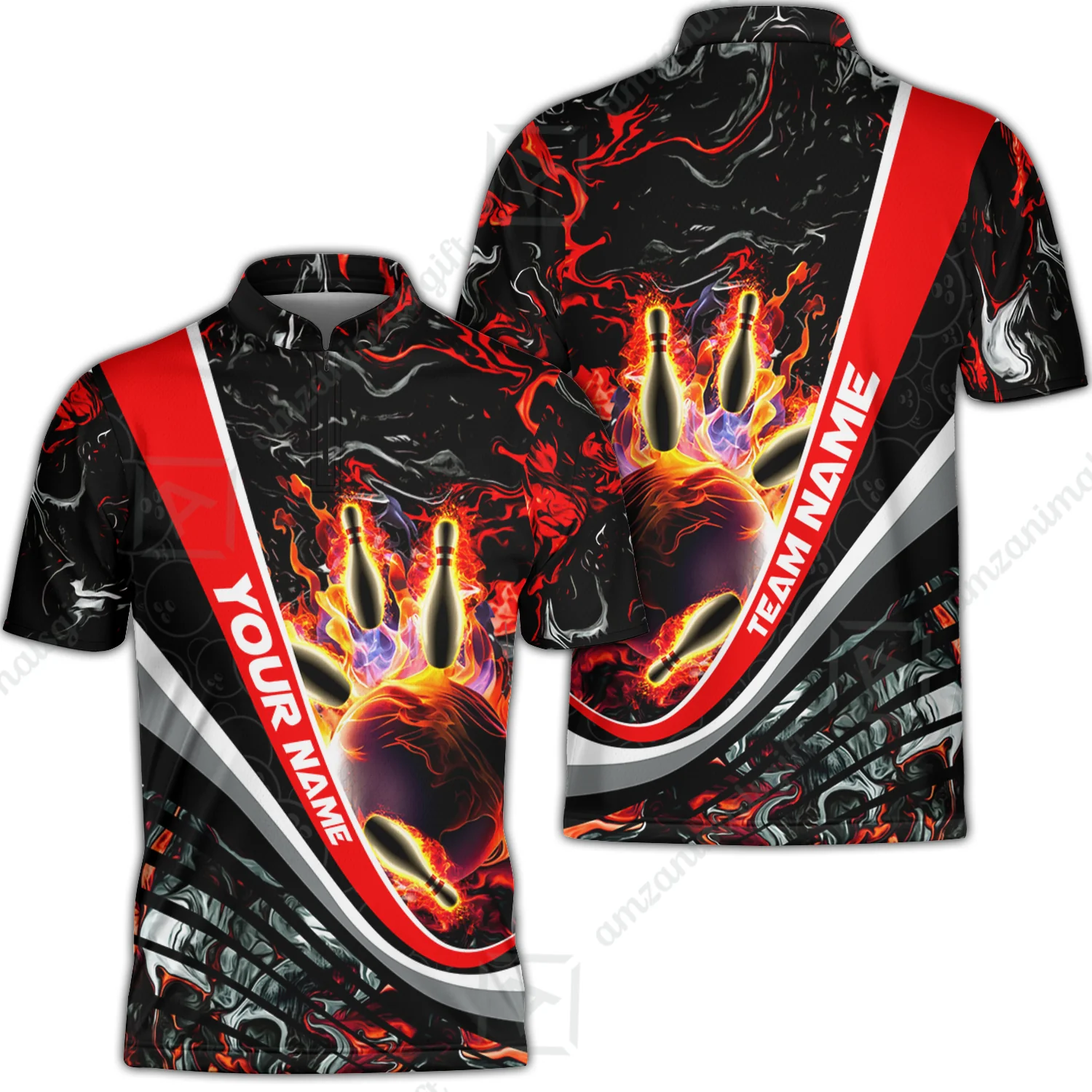 Customized Bowling Polo, Flaming Magma Bowling And Pins Multicolor Option Customized Name Team Name For Bowling Team Shirts - Image 2