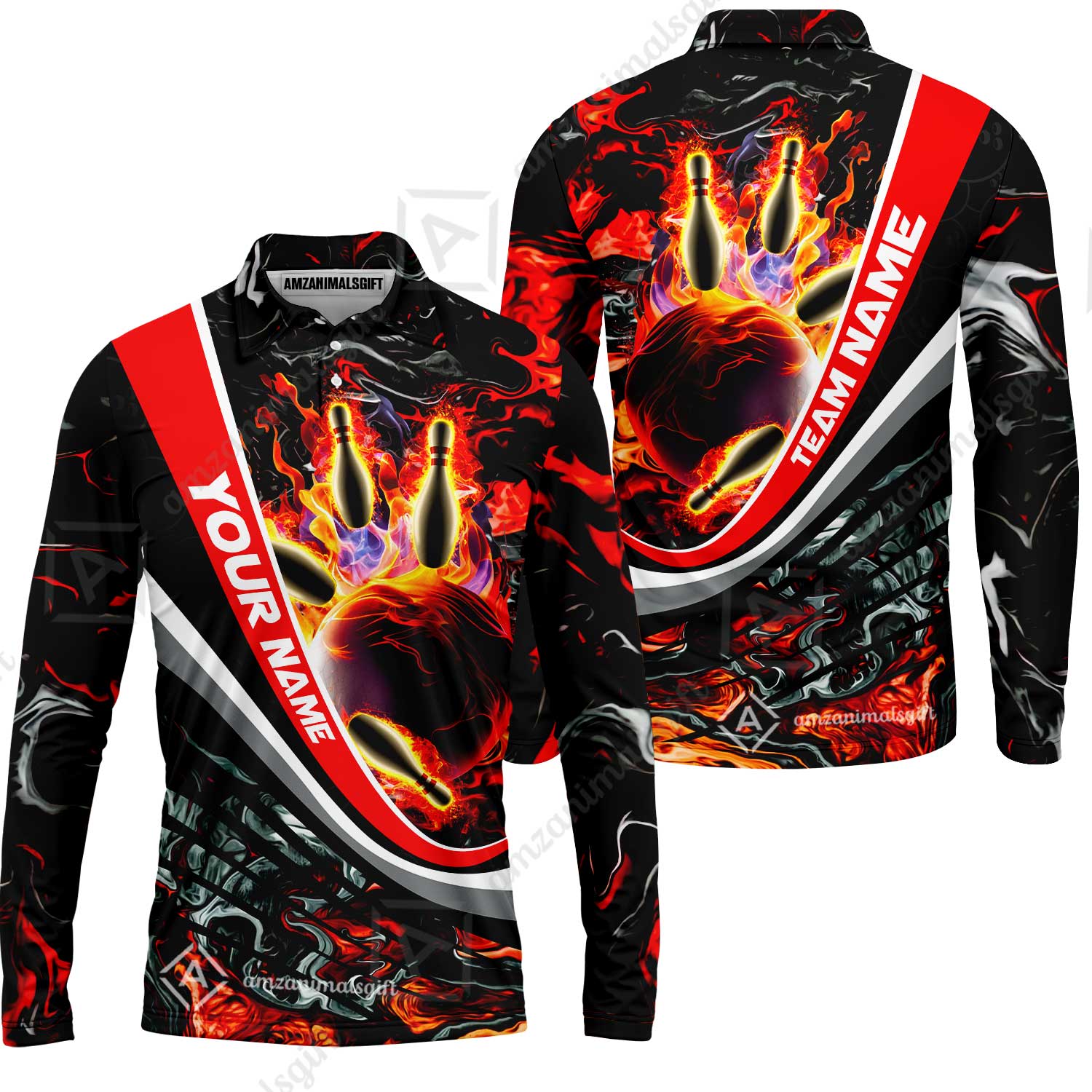 Customized Bowling Polo, Flaming Magma Bowling And Pins Multicolor Option Customized Name Team Name For Bowling Team Shirts - Image 52