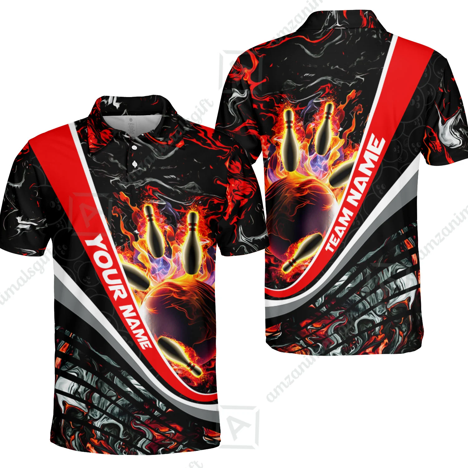 Customized Bowling Polo, Flaming Magma Bowling And Pins Multicolor Option Customized Name Team Name For Bowling Team Shirts - Image 6