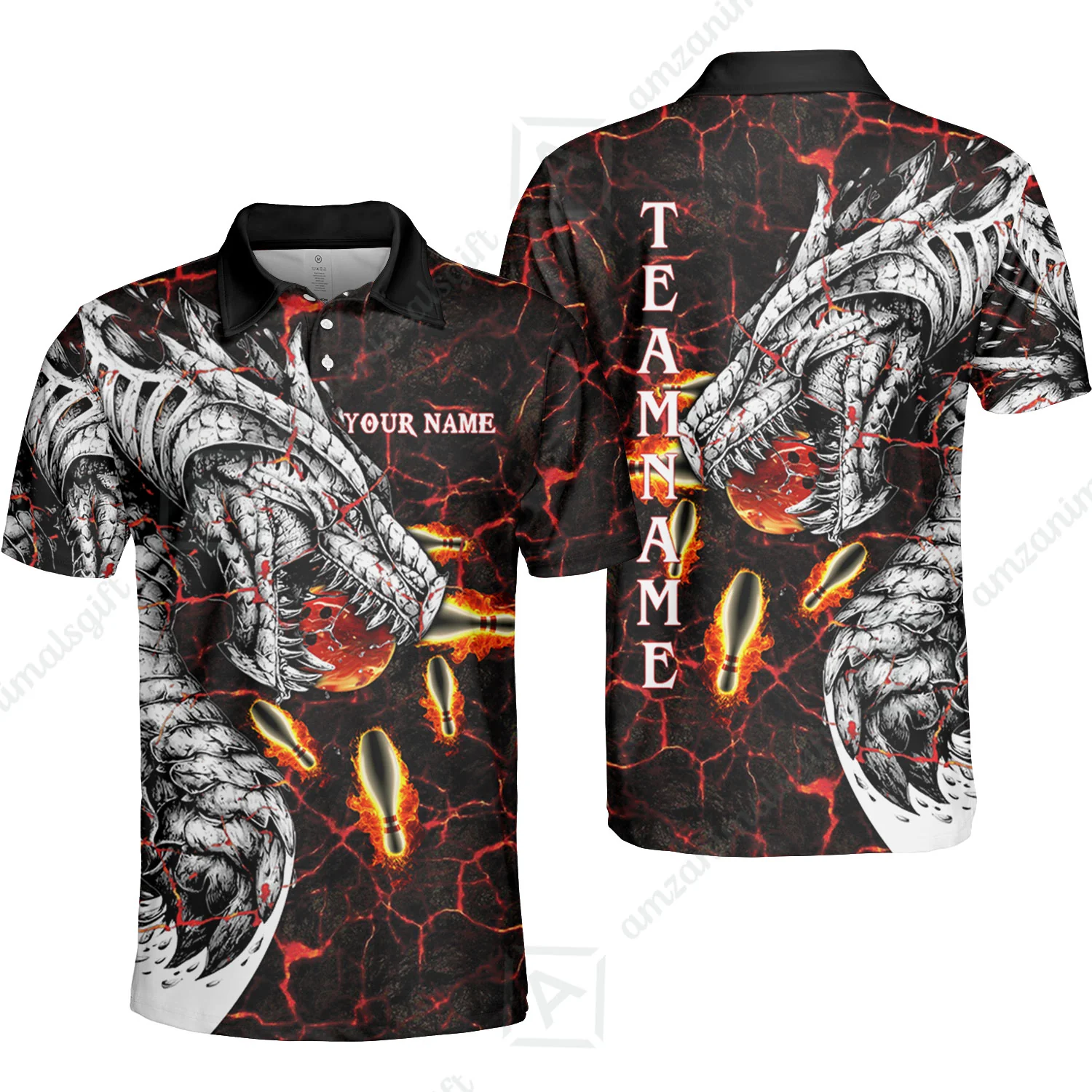 Customized Bowling Polo, Magma Dragon Bowling And Pins Multicolor Option Customized Name, Team Name Polo Shirts For Bowling Team - Image 2