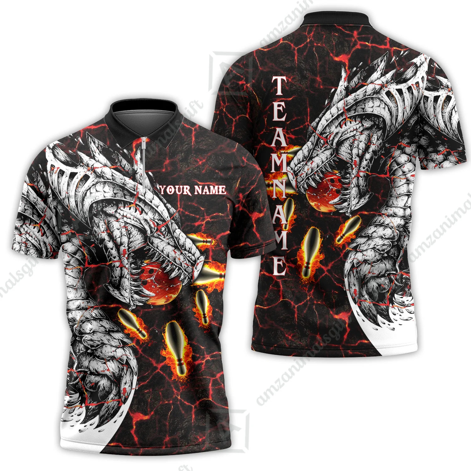 Customized Bowling Polo, Magma Dragon Bowling And Pins Multicolor Option Customized Name, Team Name Polo Shirts For Bowling Team - Image 3