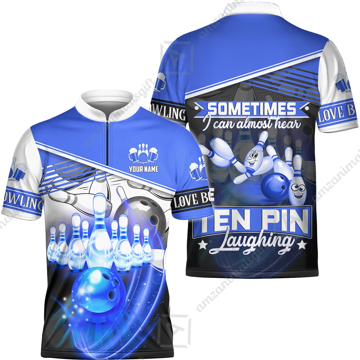Customized Bowling Unisex Polo, The Blue Bowling Ball Crashing The Pins Purple Pattern Personalized Name Team Name Logo For Bowling Team - Image 2