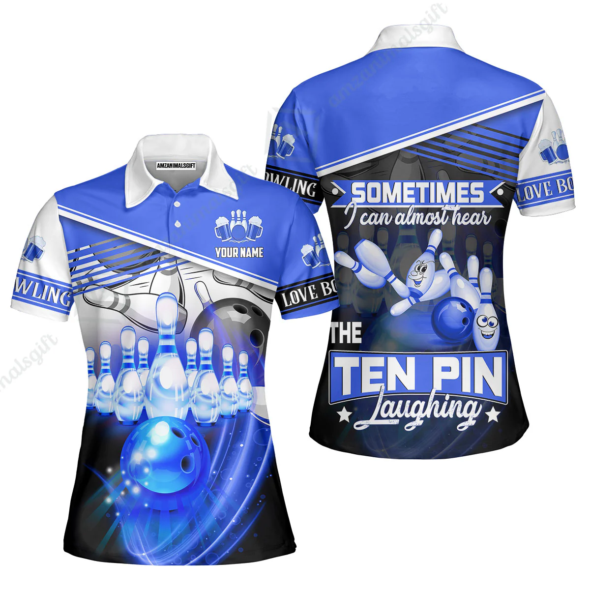 Customized Bowling Unisex Polo, The Blue Bowling Ball Crashing The Pins Purple Pattern Personalized Name Team Name Logo For Bowling Team - Image 3