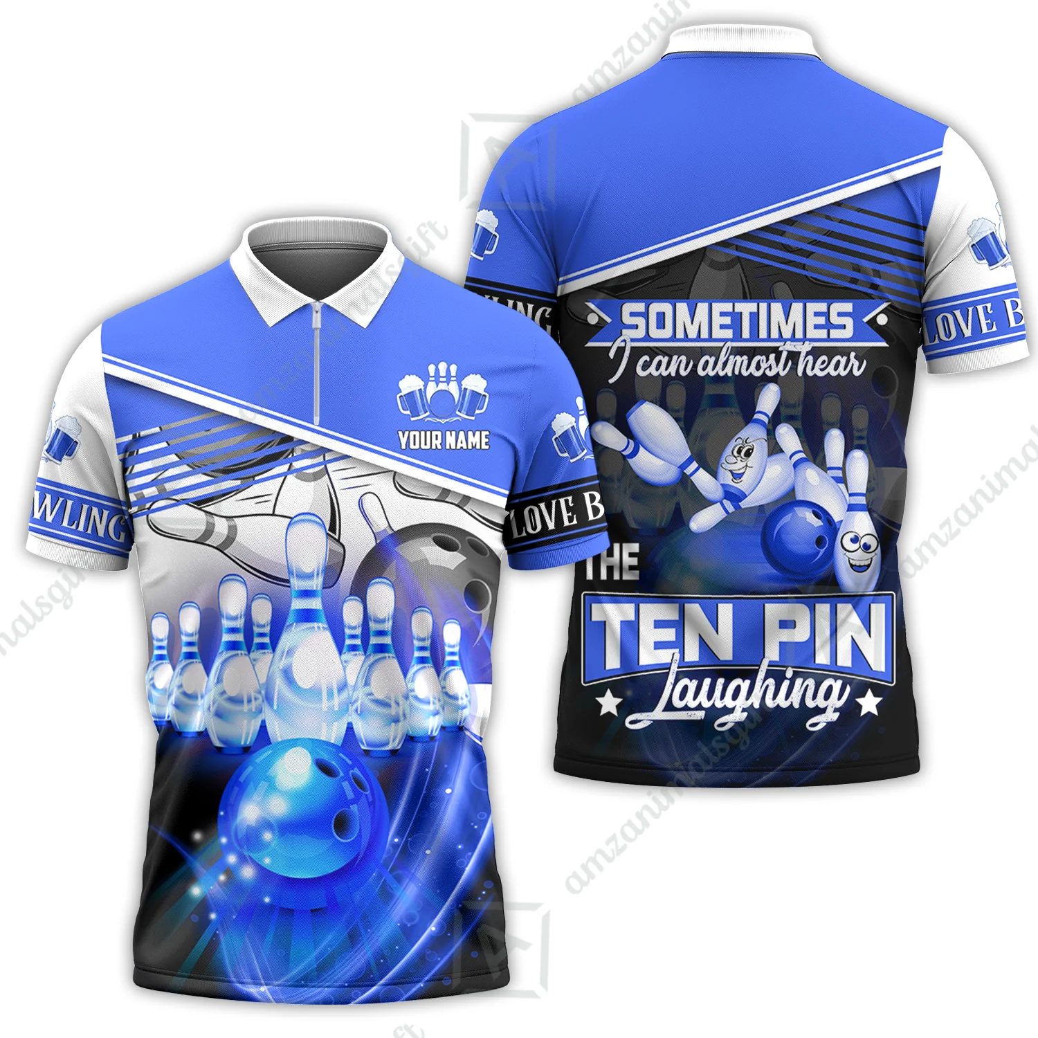 Customized Bowling Unisex Polo, The Blue Bowling Ball Crashing The Pins Purple Pattern Personalized Name Team Name Logo For Bowling Team - Image 4