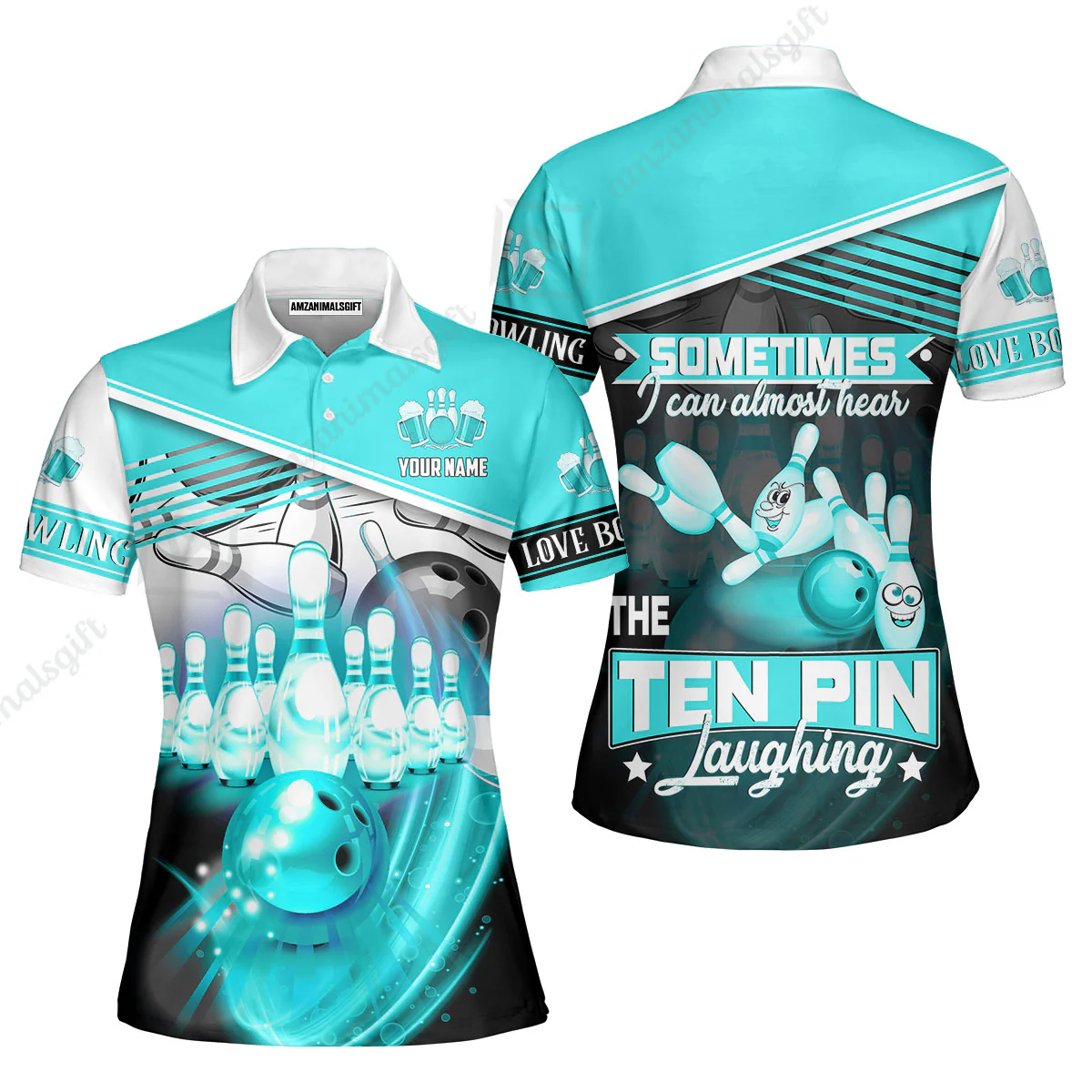 Customized Bowling Unisex Polo, The Blue Bowling Ball Crashing The Pins Purple Pattern Personalized Name Team Name Logo For Bowling Team - Image 7